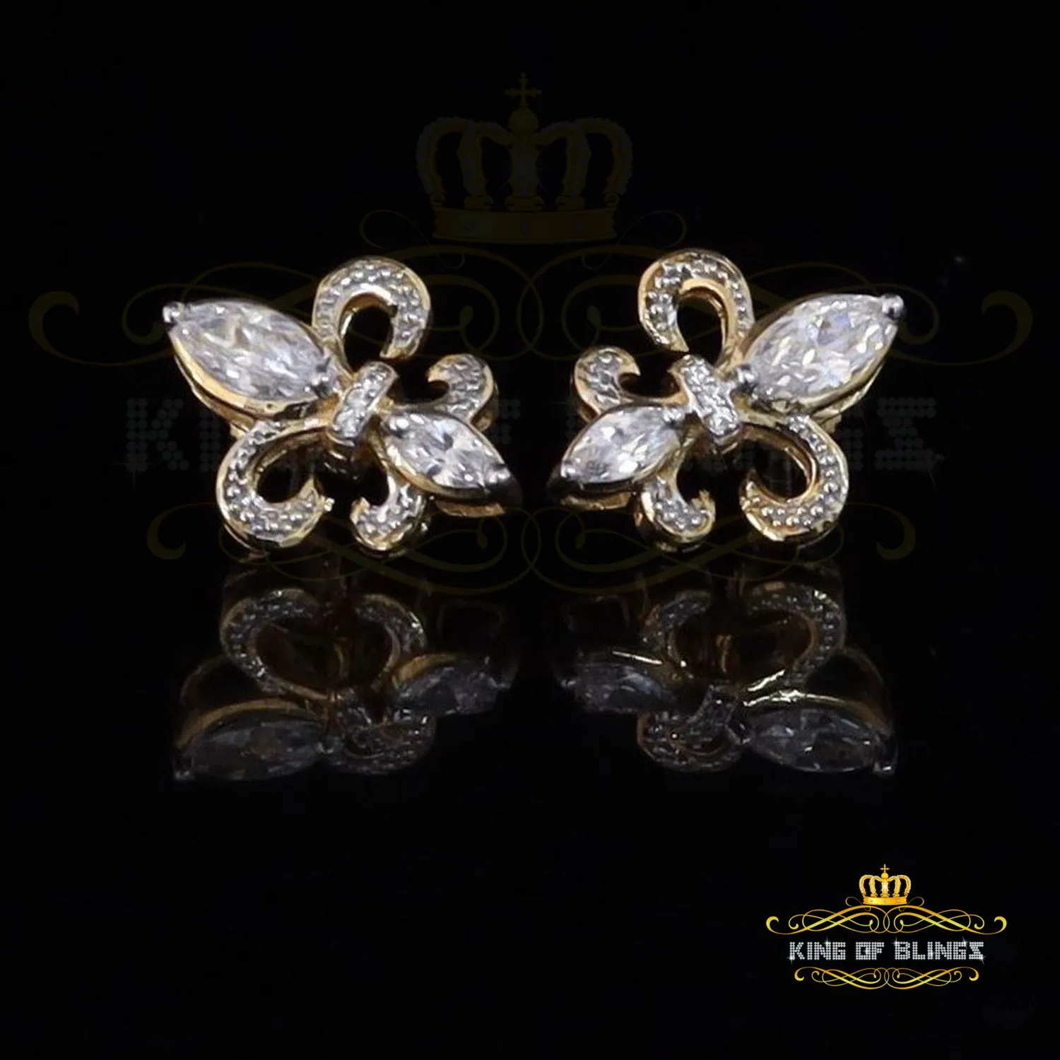 King of Bling's 925 Yellow Silver Ladies Fleur de Lis Screw Back 2.43ct Cubic Zirconia Earrings