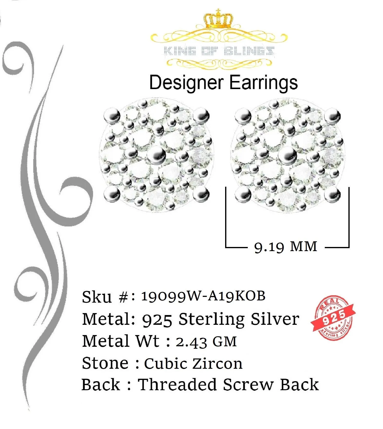 King of Blings- Aretes Para Hombre 925 White Silver 2.48ct Cubic Zirconia Round Women's Earring