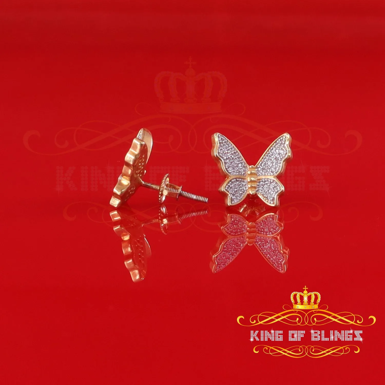 King of Bling's Butterfly Stud Earrings Yellow 925 Sterling Silver Women's 0.50ct Cubic Zirconia