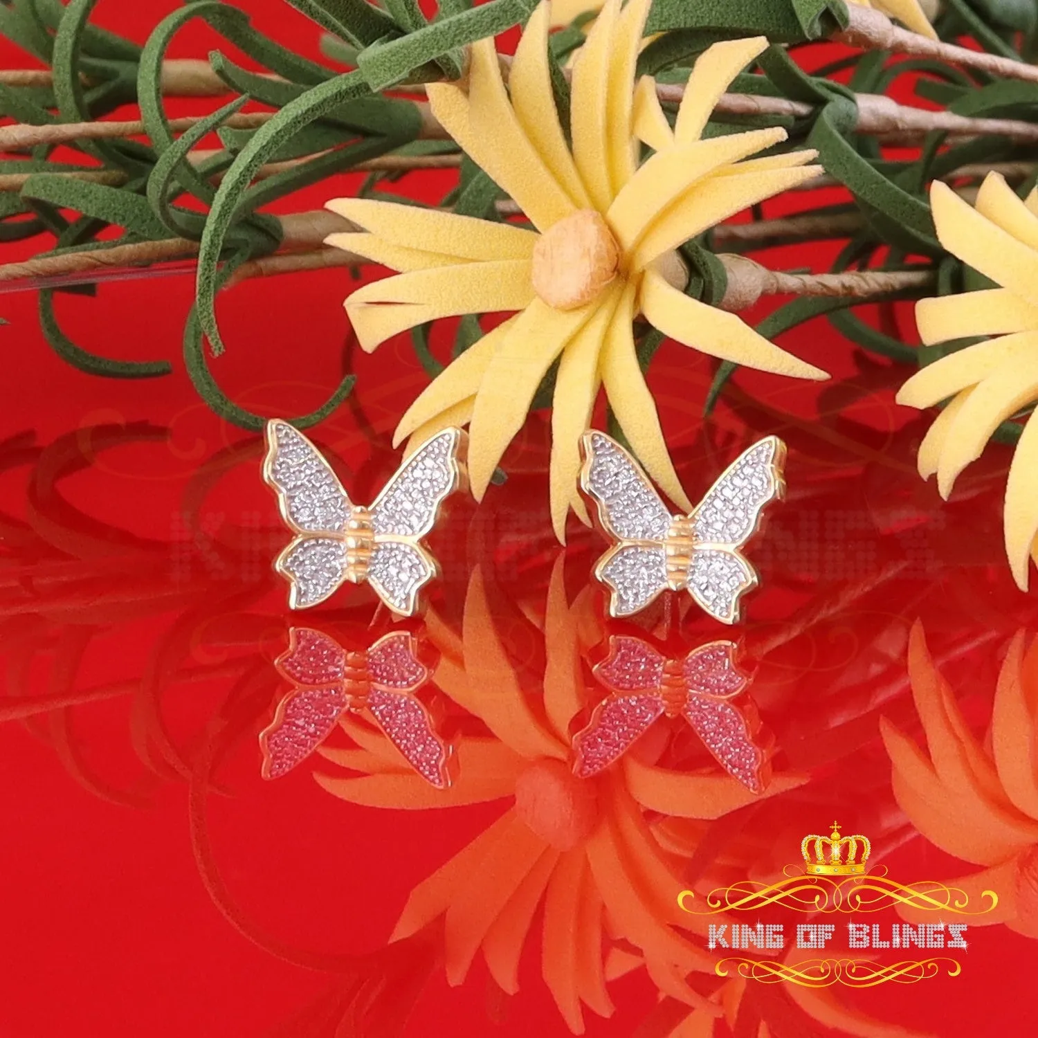 King of Bling's Butterfly Stud Earrings Yellow 925 Sterling Silver Women's 0.50ct Cubic Zirconia