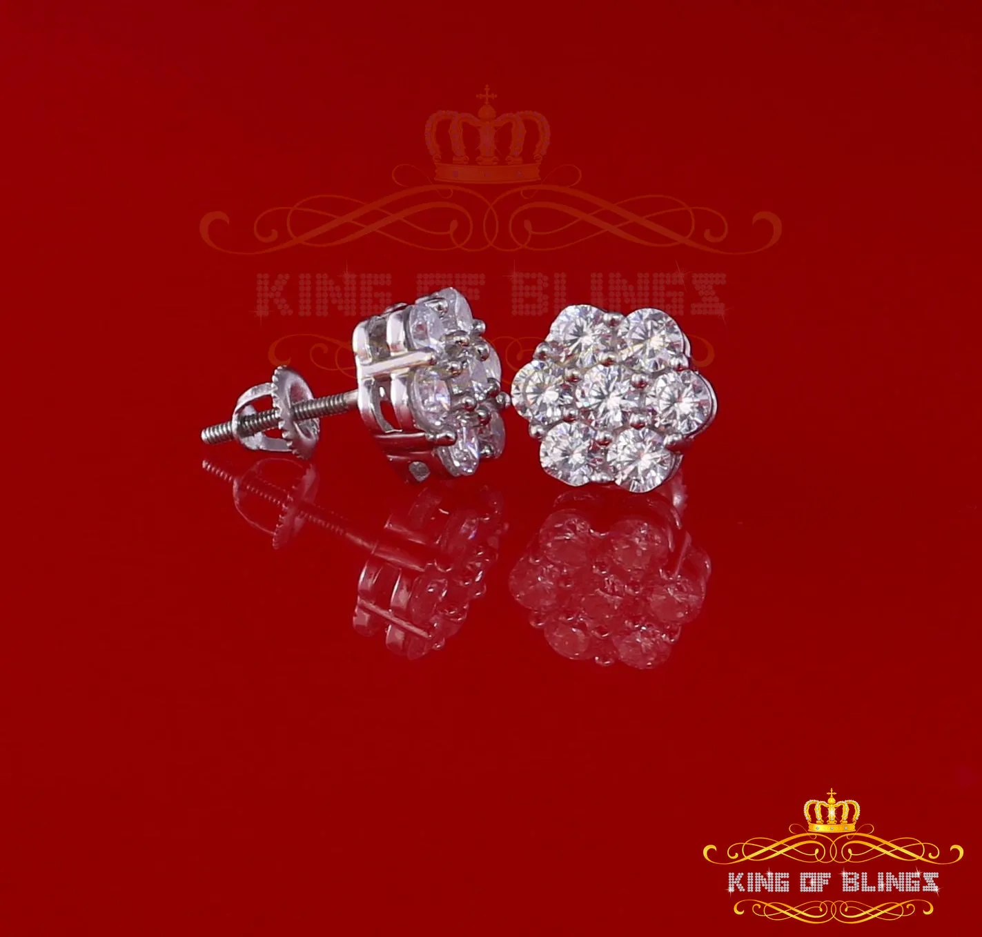 King of Blings- Cubic Zirconia 925 White 2.66ct Sterling Silver Women's Hip Hop Floral Earrings