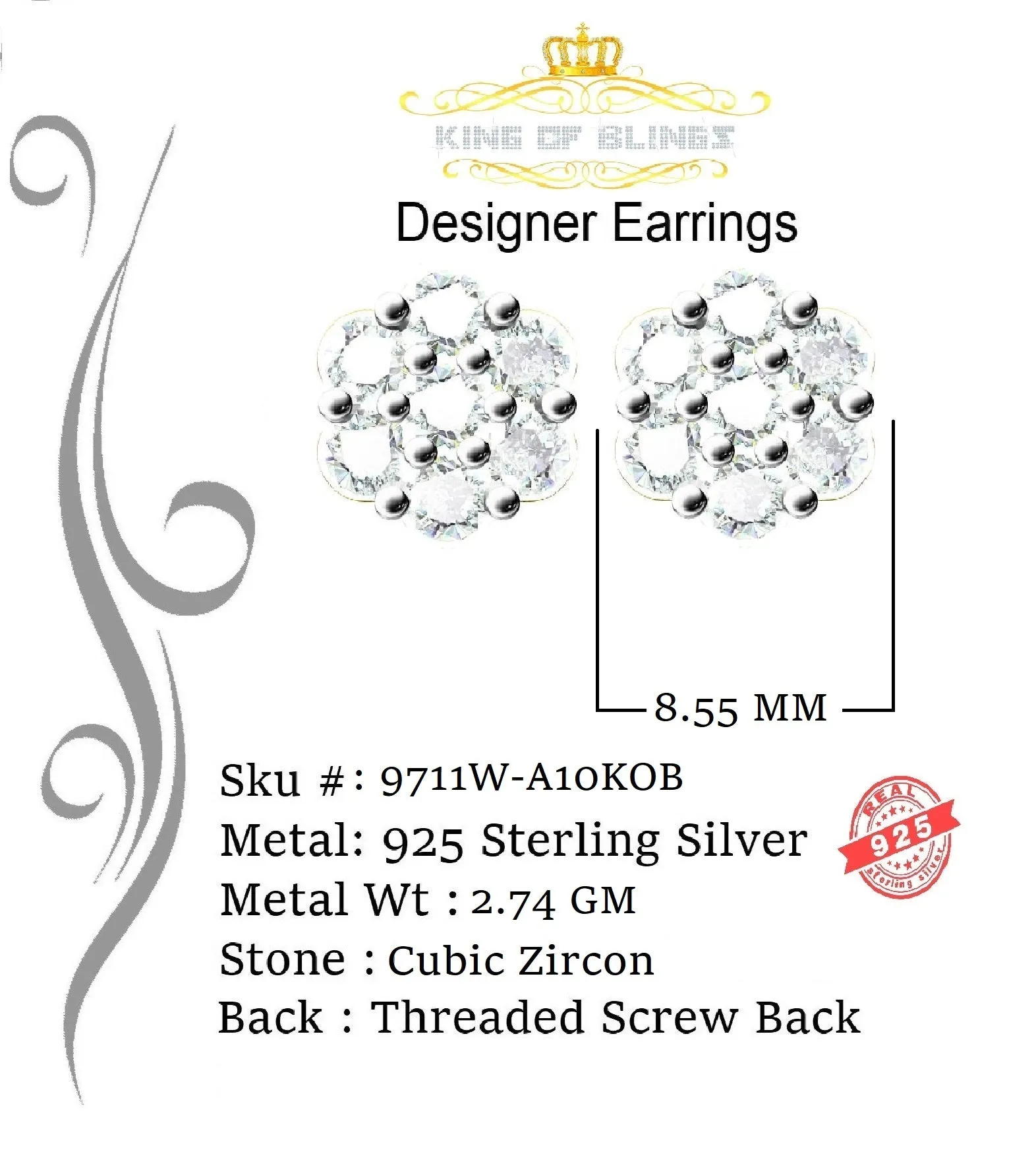 King of Blings- Cubic Zirconia 925 White 2.66ct Sterling Silver Women's Hip Hop Floral Earrings