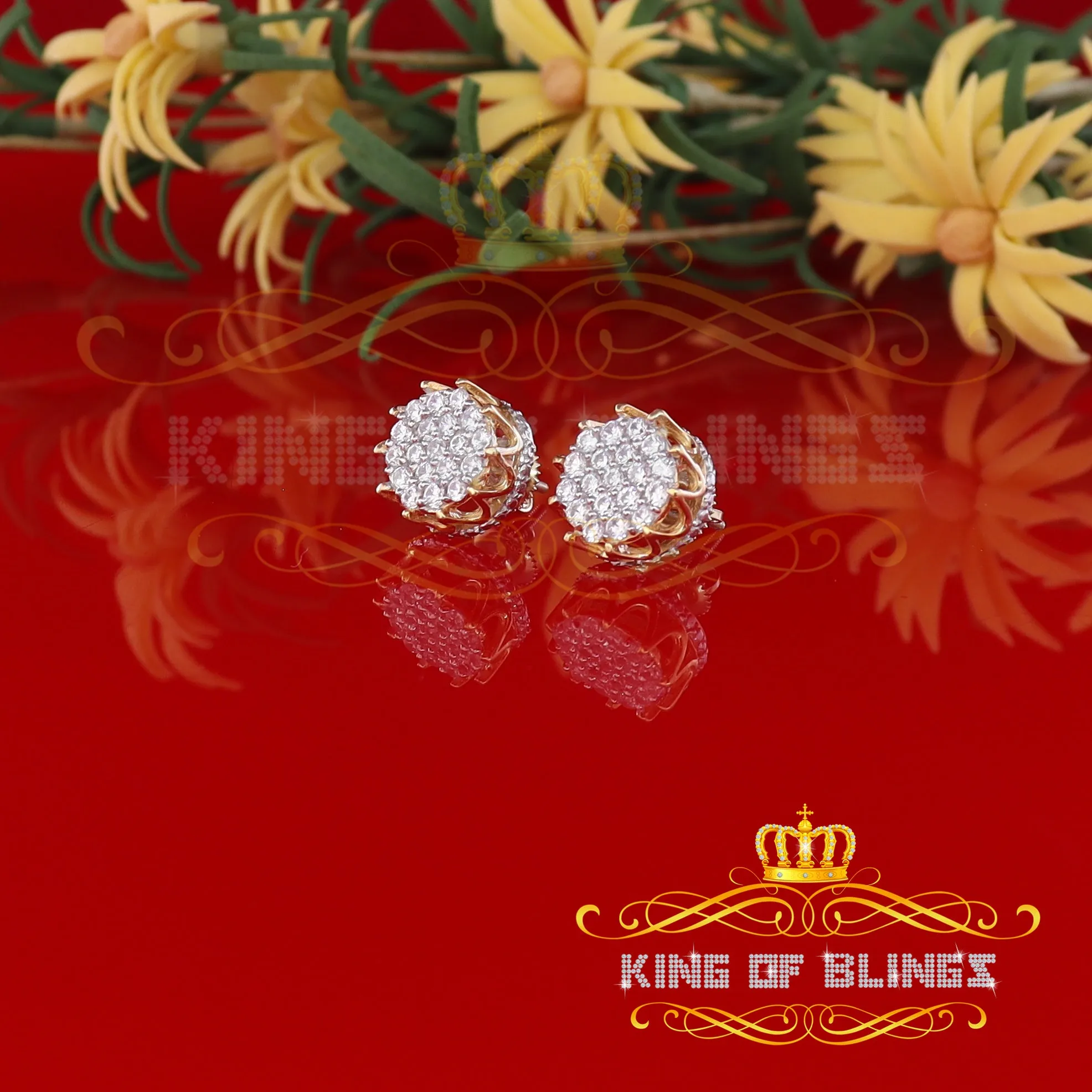 King of Bling's Hip Hop Yellow 925 Silver 2.04ct Cubic Zirconia Women's & Men's Floral Earrings