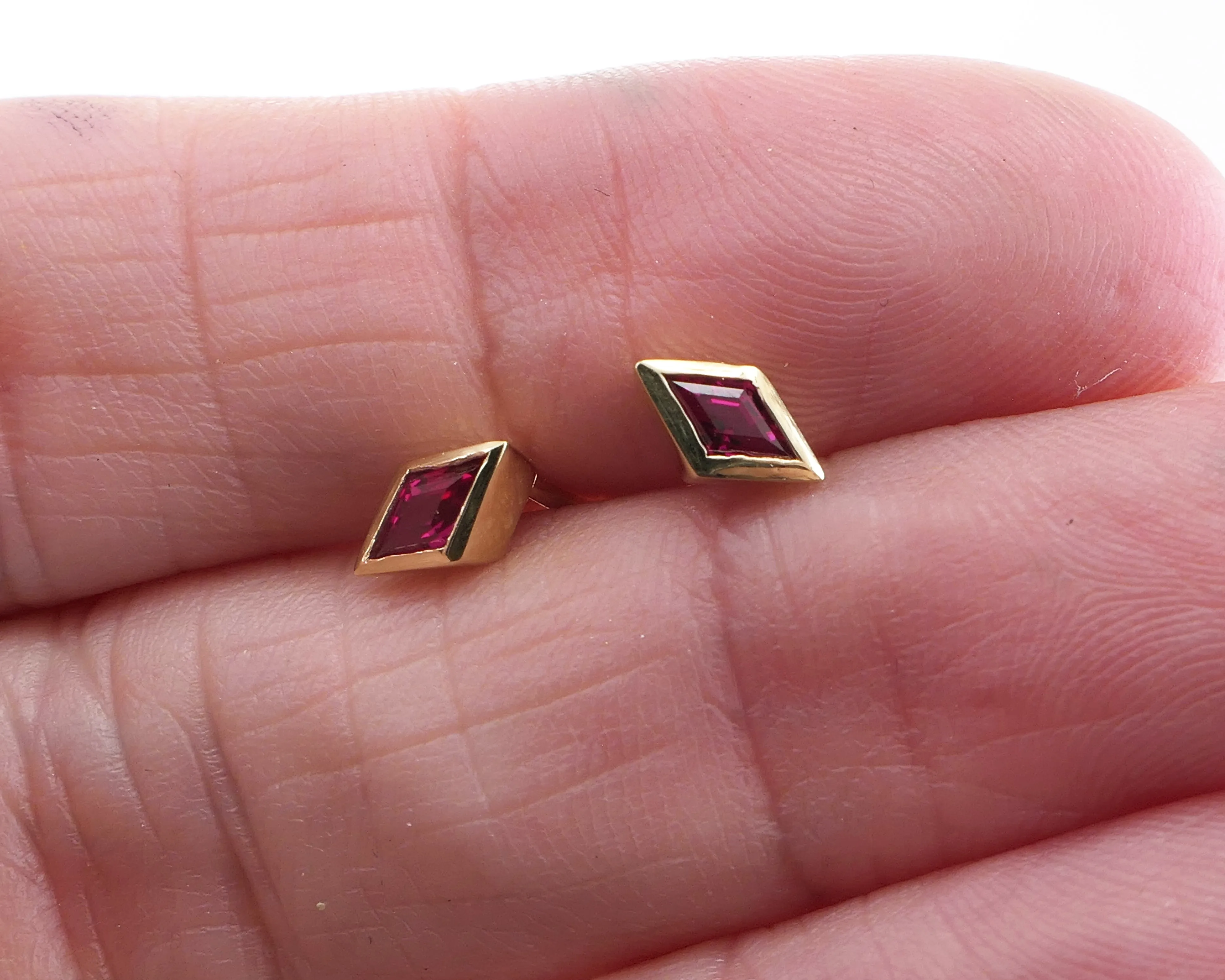 Kite Shaped Ruby Studs, 14k Yellow Gold