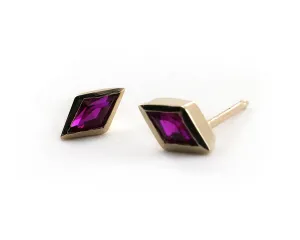 Kite Shaped Ruby Studs, 14k Yellow Gold