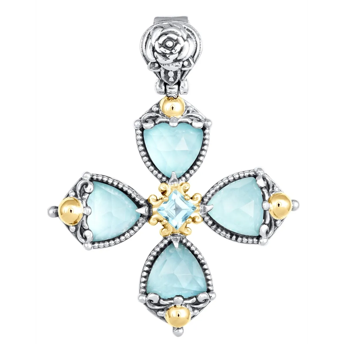 Konstantino Sterling Silver and 18K Yellow Gold Aquamarine, Mother of Pearl and Topaz Cross Pendant