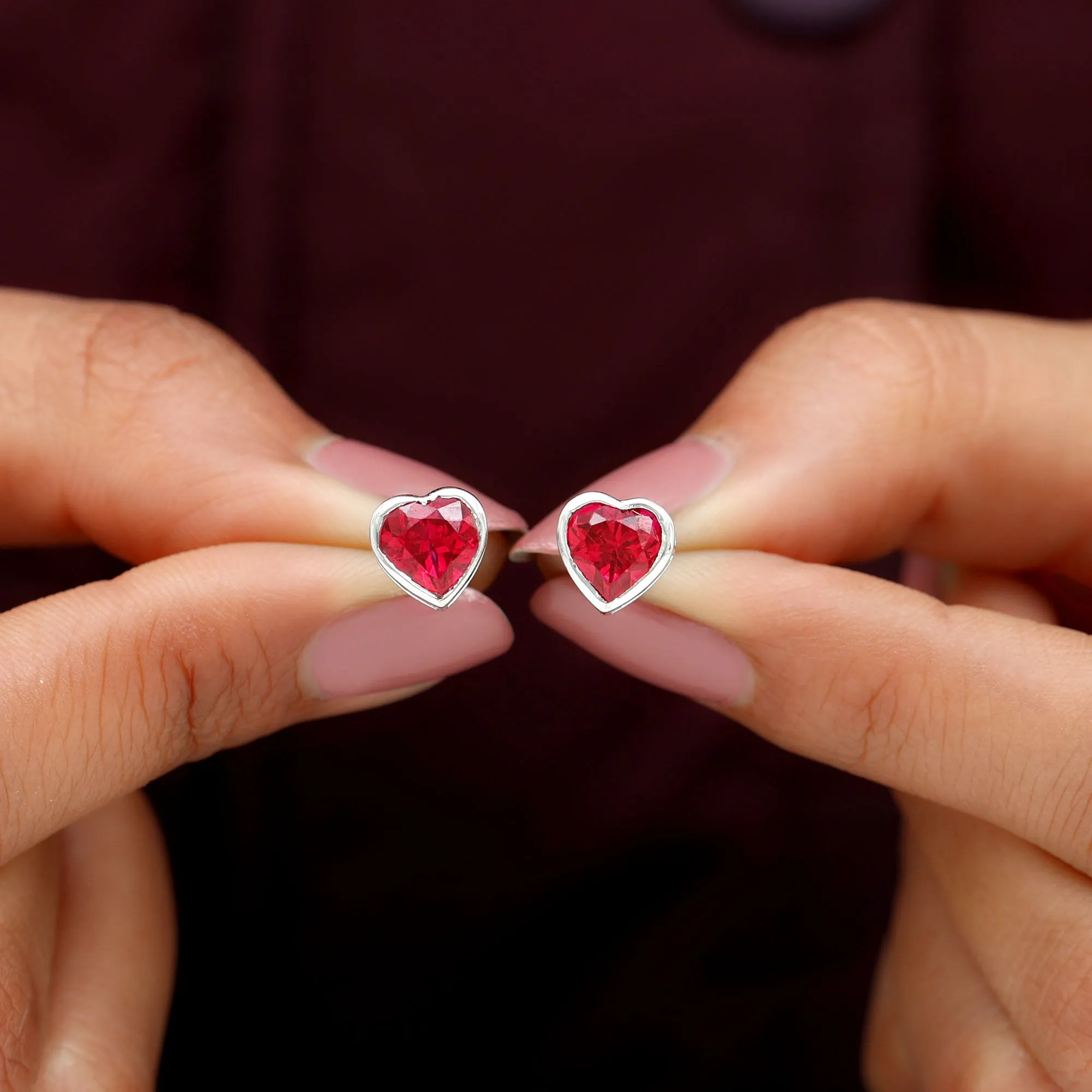 Lab Grown Ruby Heart Shape Stud Earrings