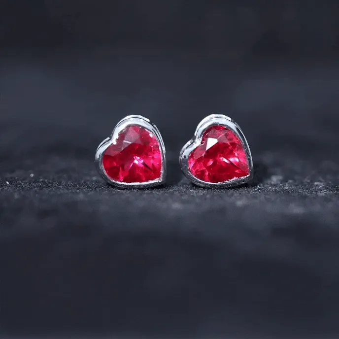 Lab Grown Ruby Heart Shape Stud Earrings