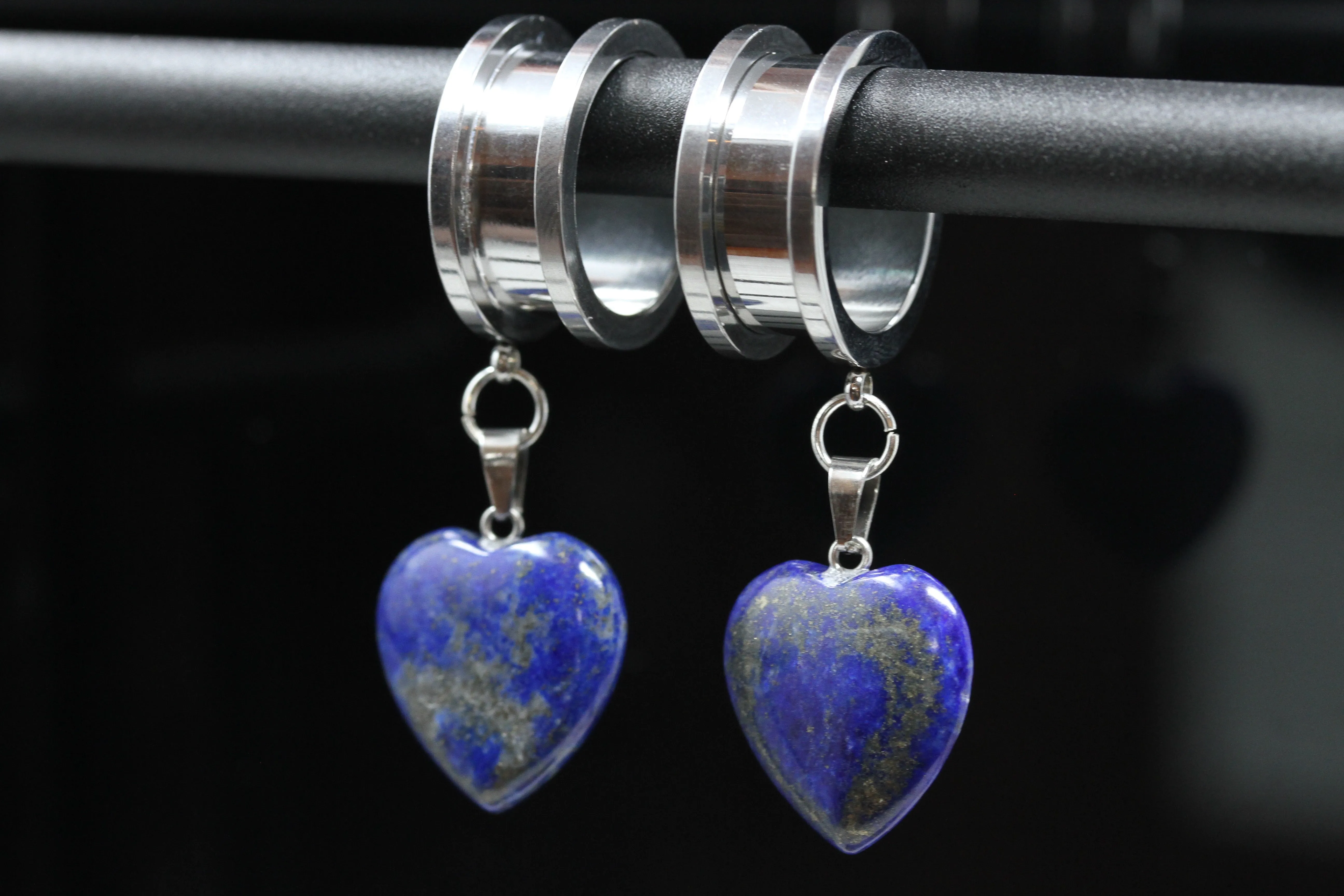 Lapis Lazuli Heart Danglers - Screw on Tunnel (Pair) - TF044