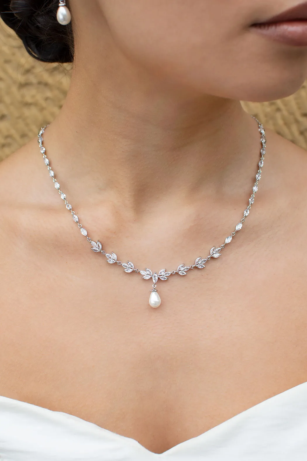 Liliana  - Delicate Crystal and Pearl Drop Bridal Necklace