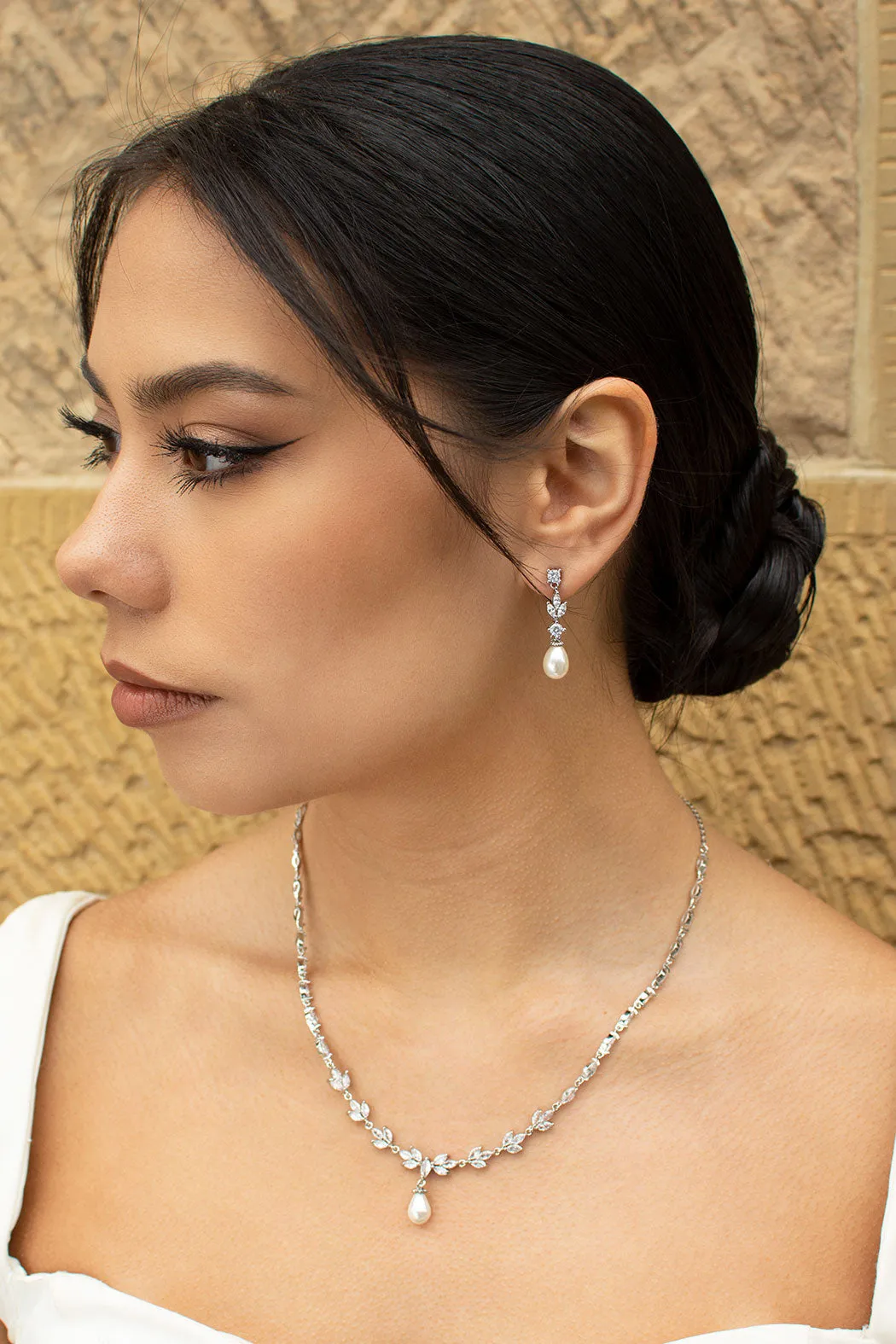 Liliana  - Delicate Crystal and Pearl Drop Bridal Necklace