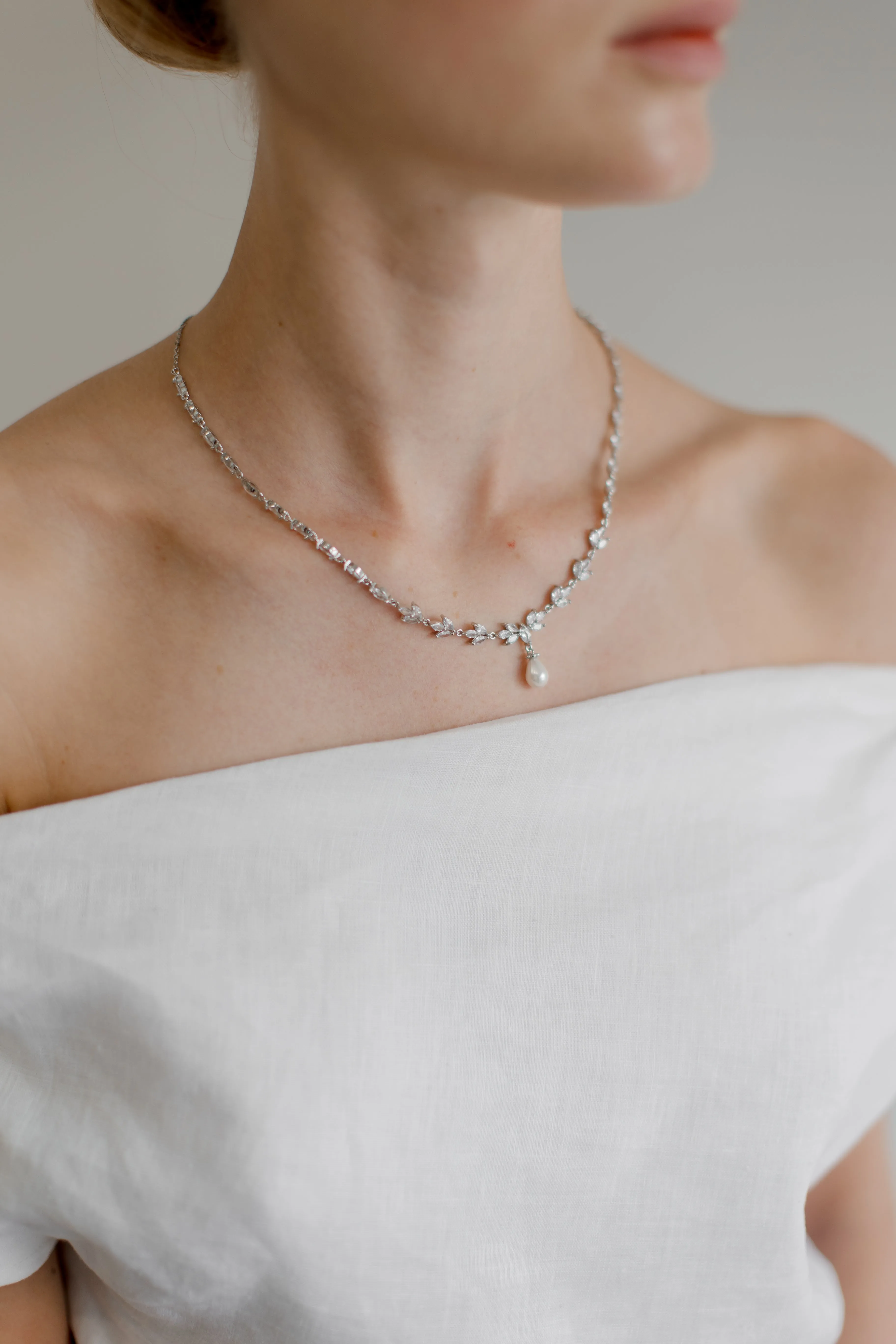 Liliana  - Delicate Crystal and Pearl Drop Bridal Necklace