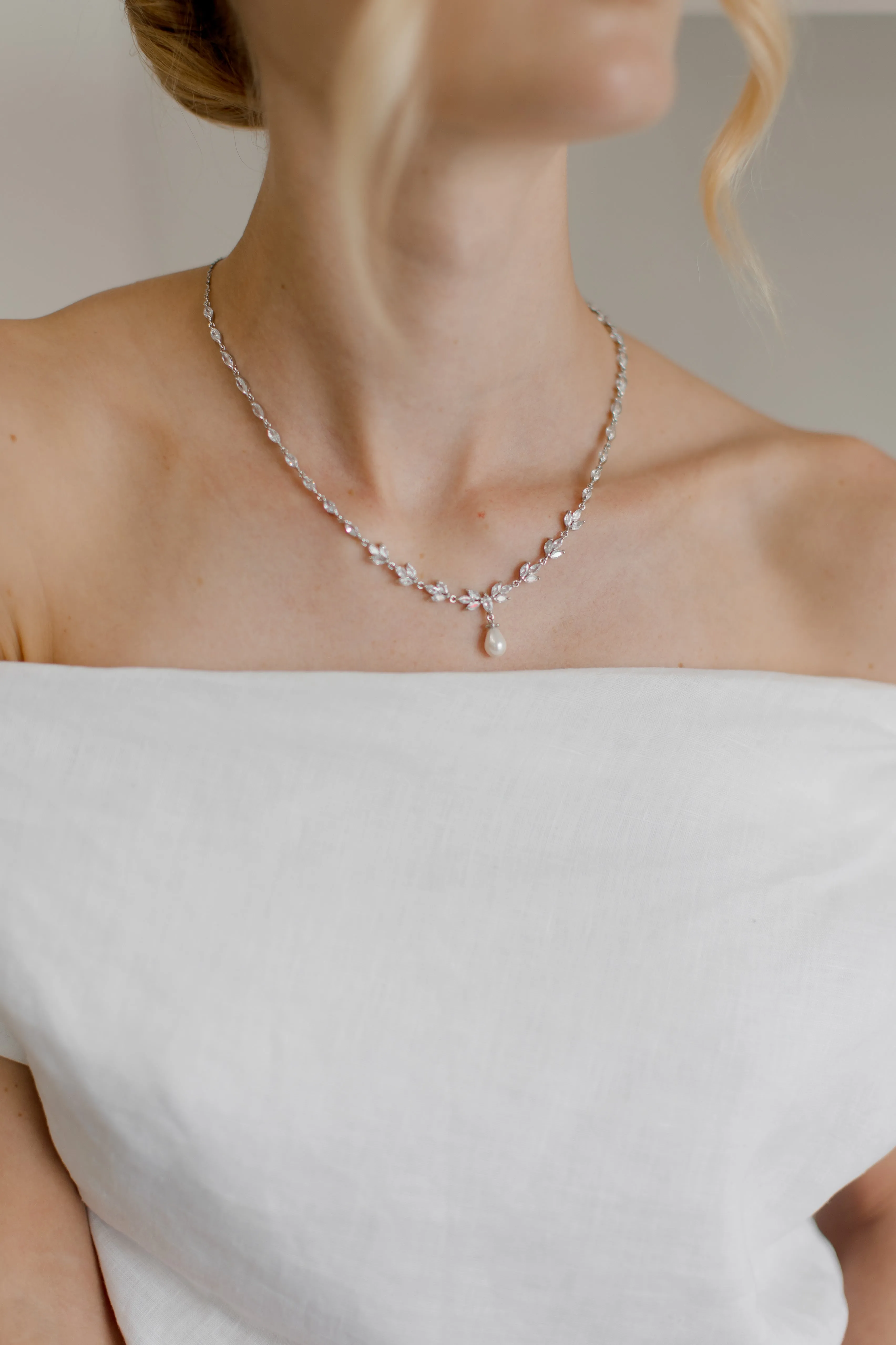 Liliana  - Delicate Crystal and Pearl Drop Bridal Necklace