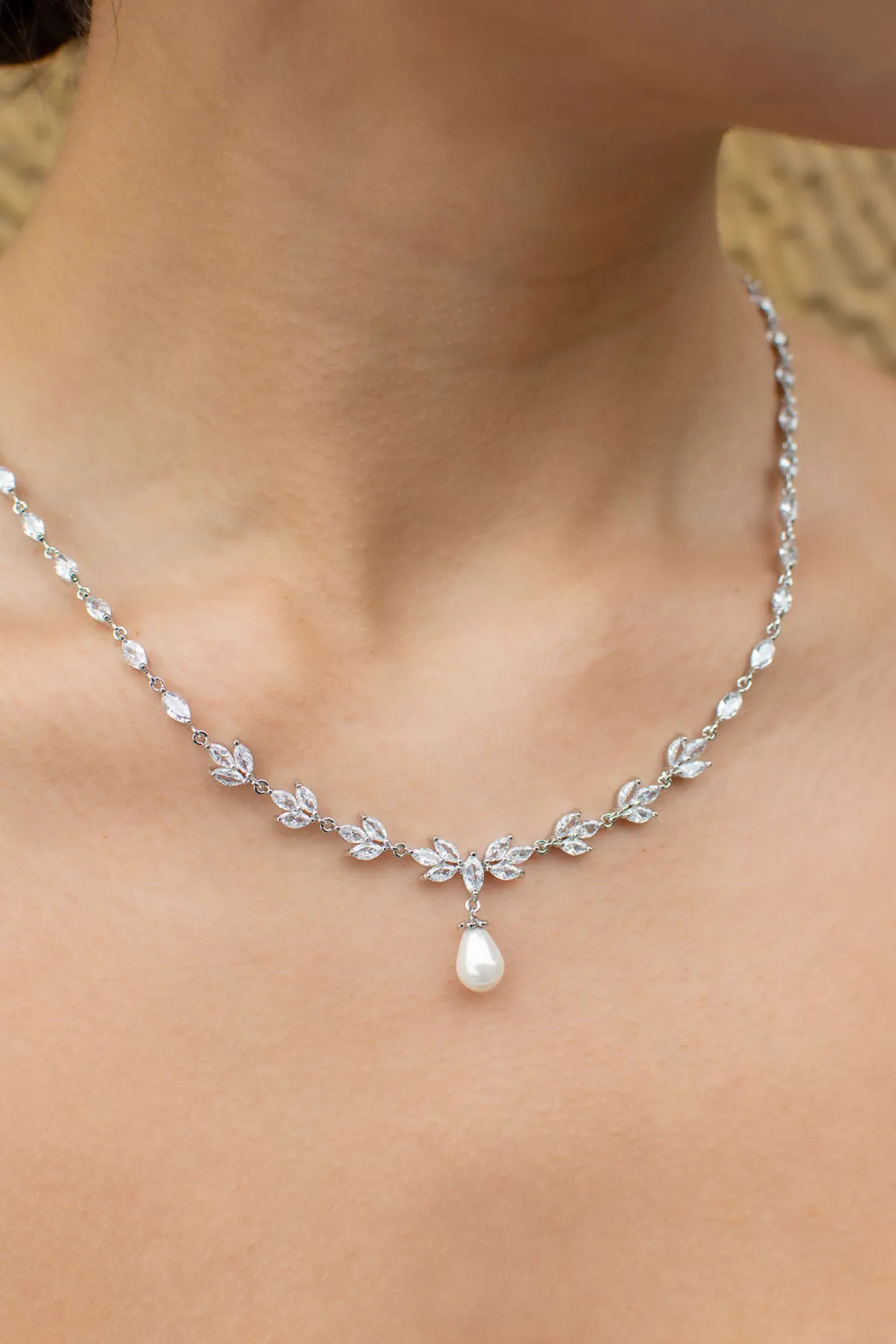 Liliana  - Delicate Crystal and Pearl Drop Bridal Necklace