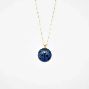 Maki-e Urushi Lacquer Pendant Necklace - White South Sea Pearl Shell / Ladybug / Blue -, Traditional Japanese Urushi Lacquer Jewelry