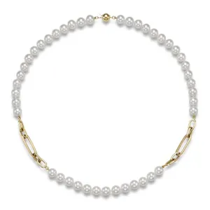 Mastoloni 18" 7.5-8mm Pearl and Link "Nesso" Necklace in 14K Yellow Gold