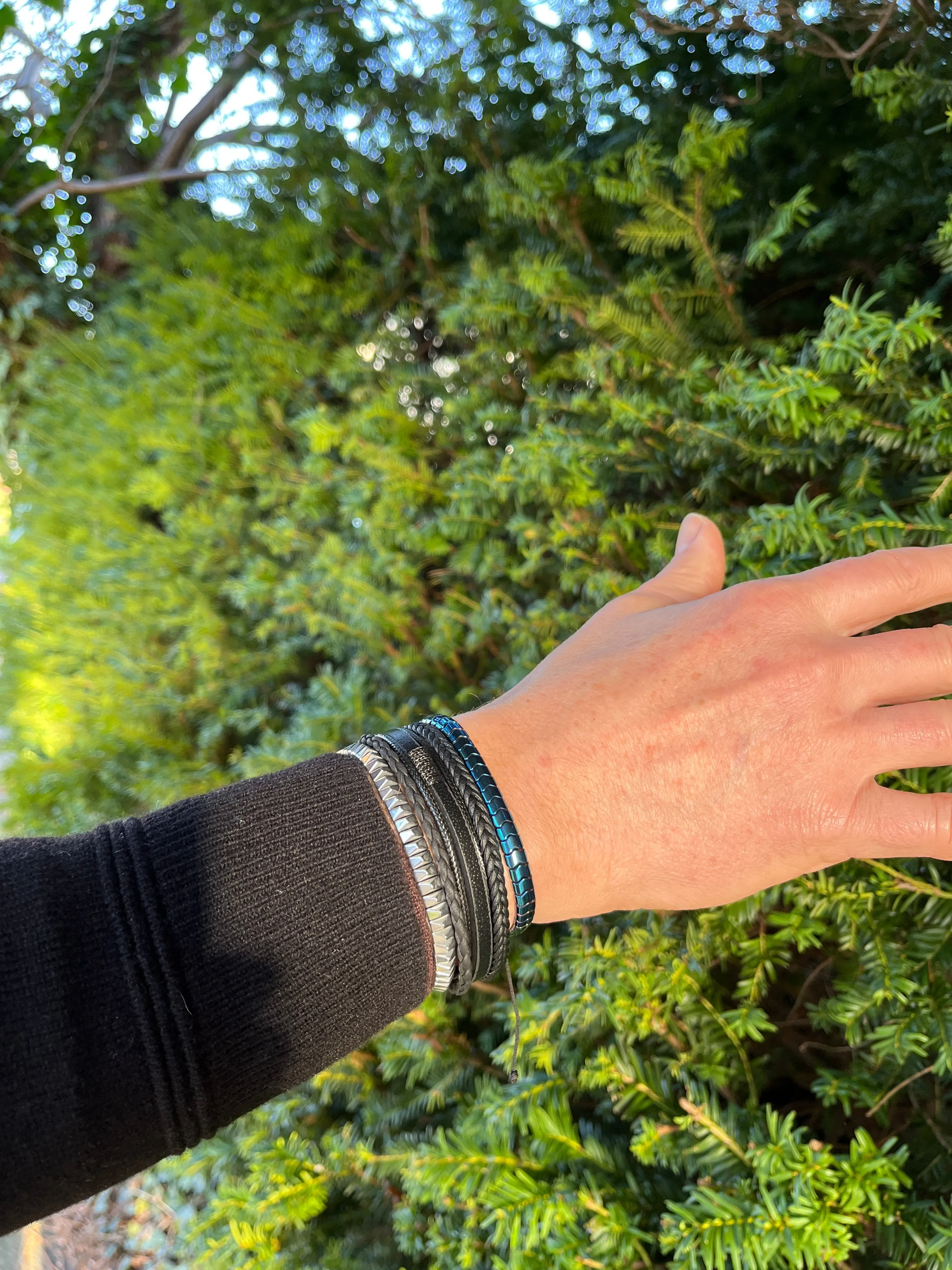 Men’s Natural Stone Beaded Bracelet, Set of 3 Bracelets with Gemstone Hematite Beaded Bracelet and Genuine Leather Bracelet