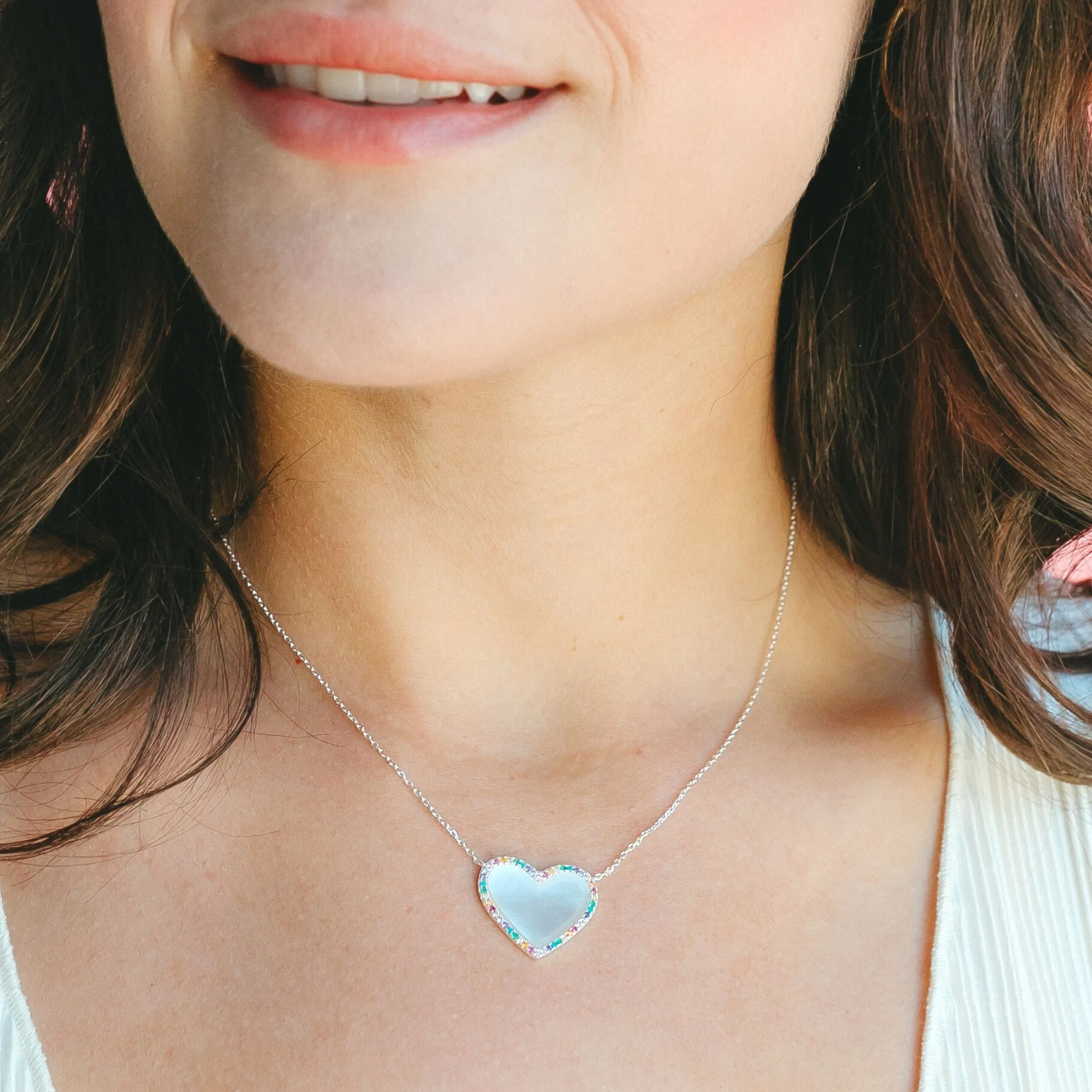 Mother of Pearl Heart Necklace with Rainbow Pave