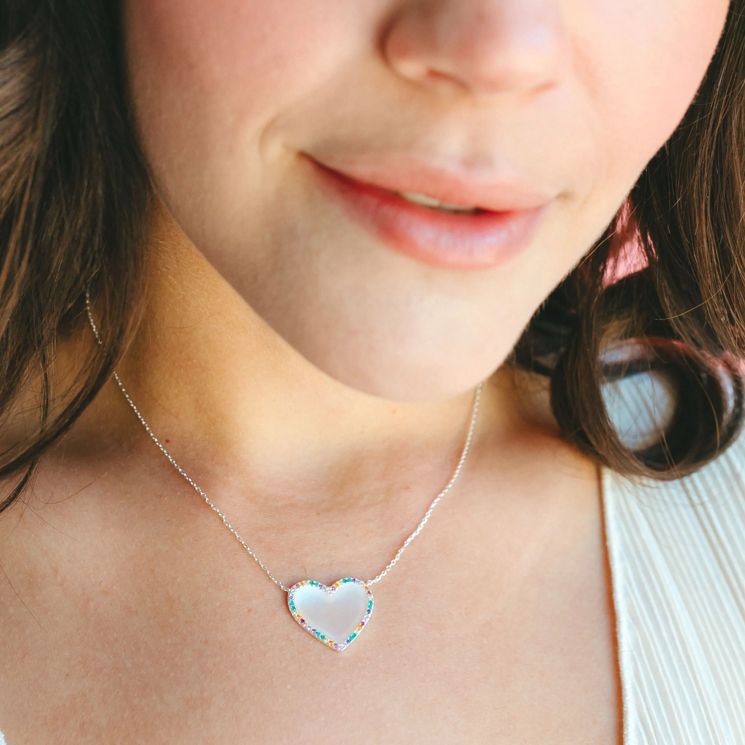 Mother of Pearl Heart Necklace with Rainbow Pave