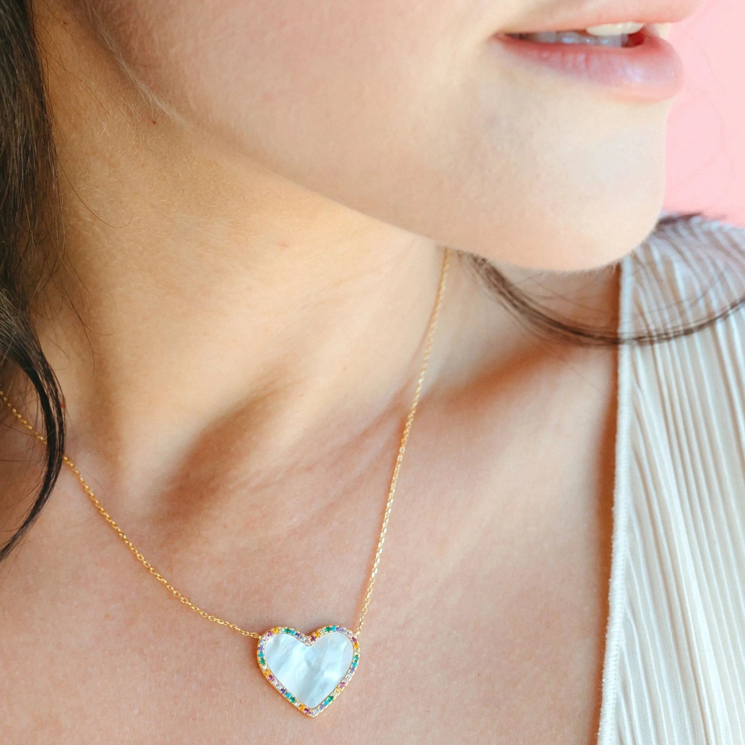 Mother of Pearl Heart Necklace with Rainbow Pave