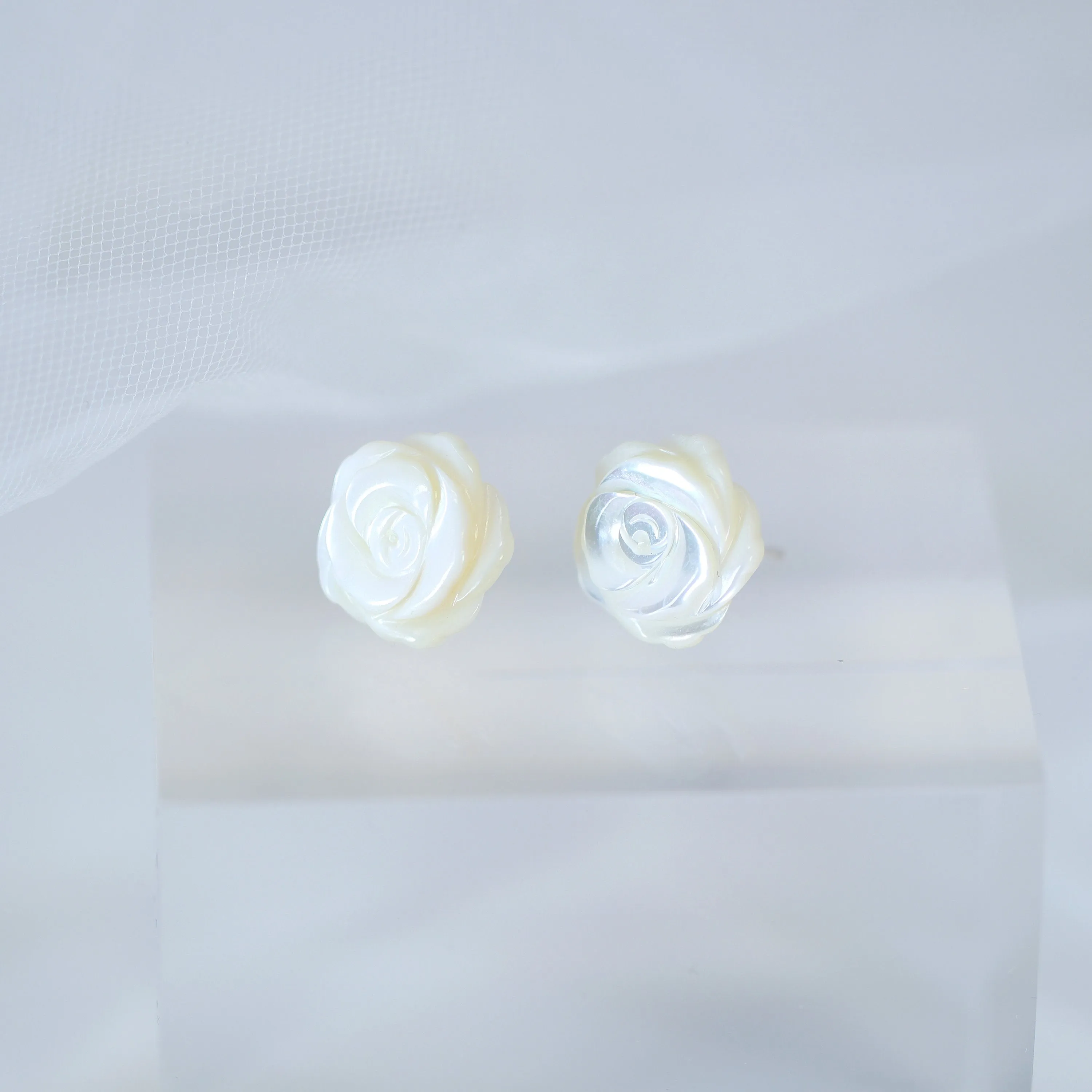 Natural Freshwater Pearls With Mother Of Pearl Carved White Rose Earrings, Bridal Jewelry Bridal Floral Stud Earrings Statement Earrings