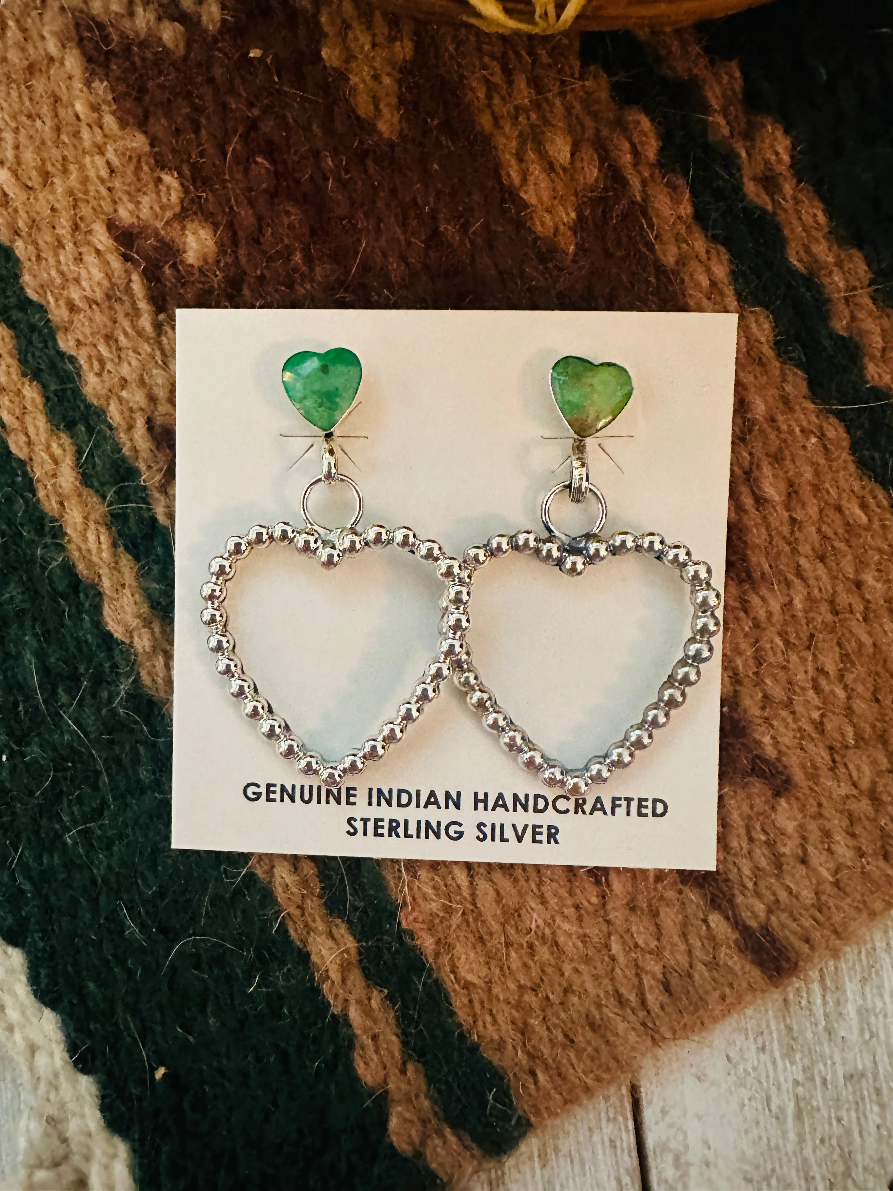 Navajo Sonoran Gold Turquoise & Sterling Silver Heart Dangle Earrings