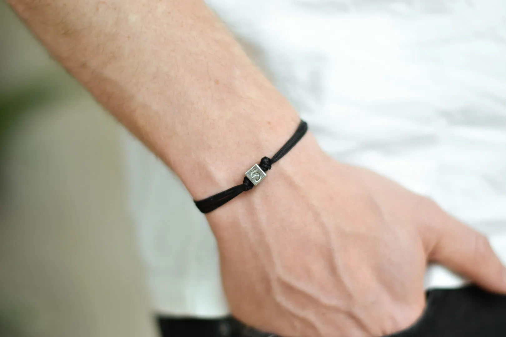 Number bracelet for men, black cord, personalised jewelry