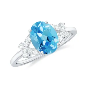 Oval Swiss Blue Topaz Solitaire Split Shank Ring with Diamond