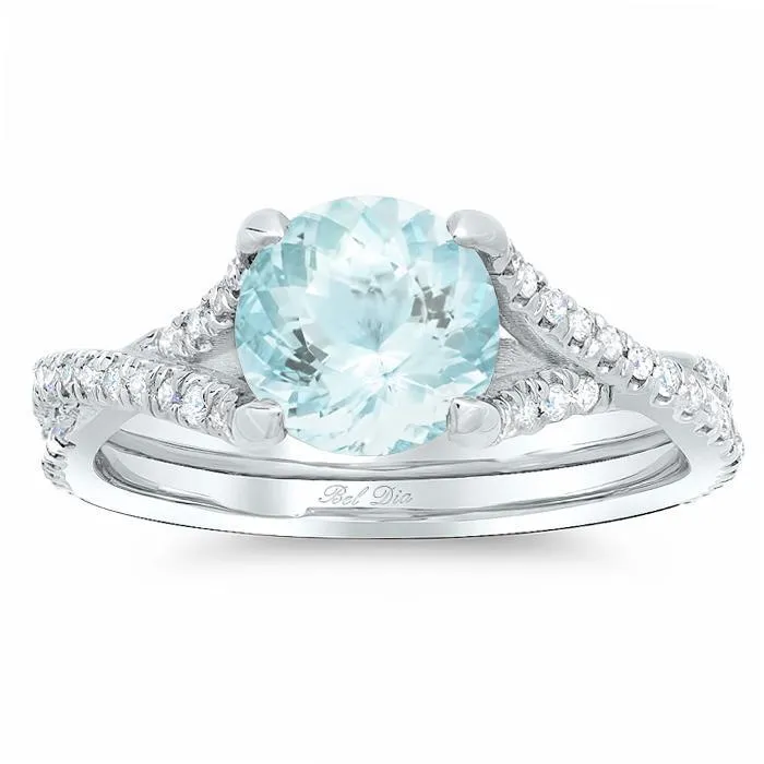 Pave Diamond Twisted Engagement Ring for Round Aquamarine