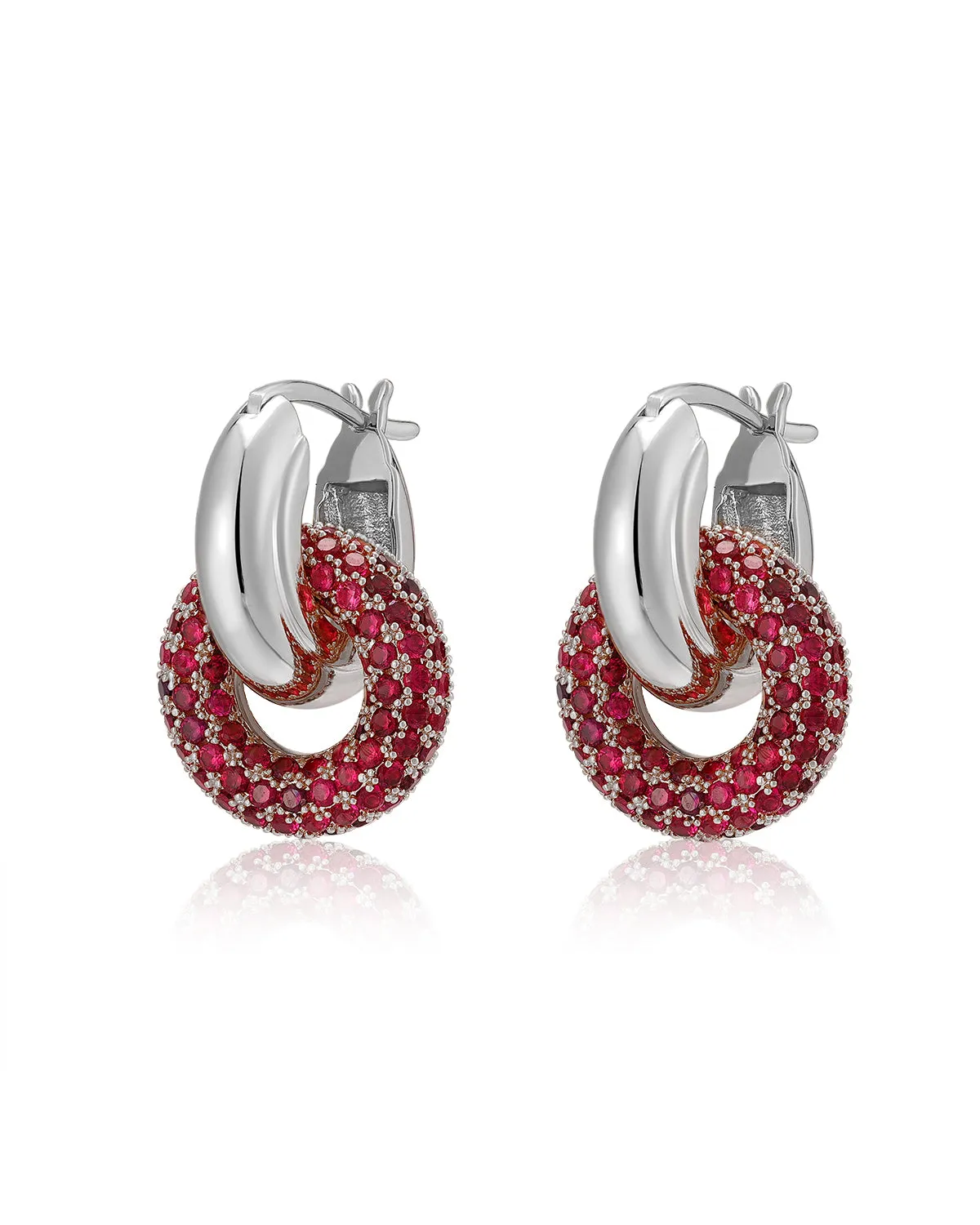 Pave Interlock Hoops- Ruby Red- Silver