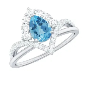 Pear Cut Swiss Blue Topaz Designer Engagement Ring with Diamond