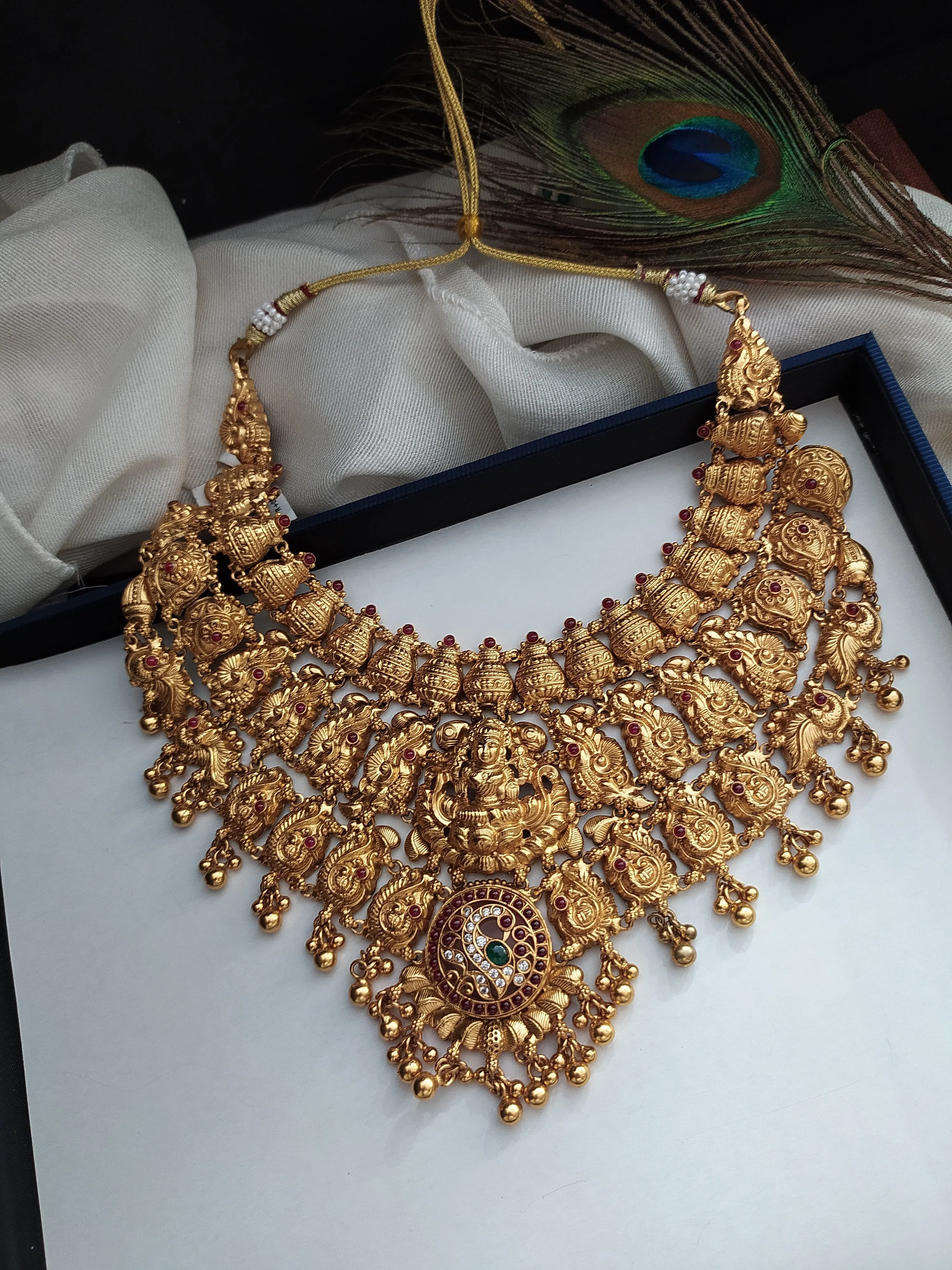 Pure 92.5 Silver Antique Necklace Set with Peacock and Lakshmi Motifs