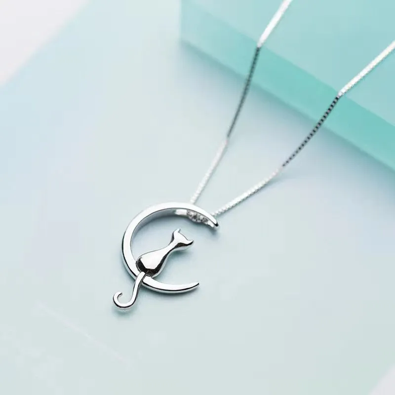 Pure 925 Sterling Silver Cat Charm Pendant Necklaces