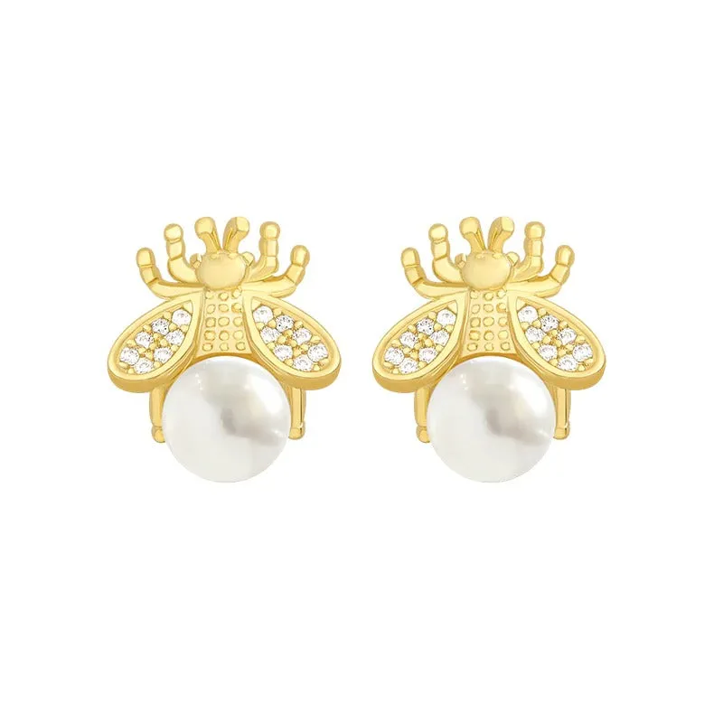 Queen Bee with Single Pearl Accent Gold Stud Earrings