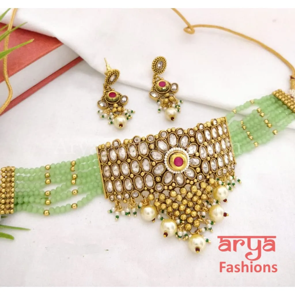 Rajwadi Mint Green Kundan Choker/ White Green Kundan Choker