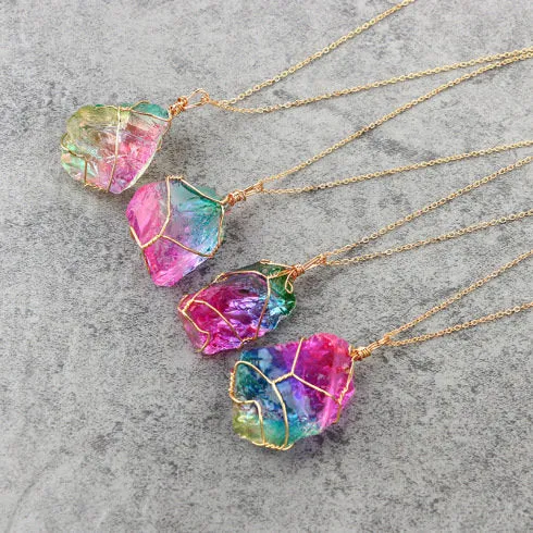 Raw Rainbow Quartz Necklace - Crystal Stone Pendant - Rainbow Aura Quartz - Wire Wrapped Pendant - Pastel Goth Jewelry - Titanium Quartz