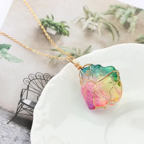 Raw Rainbow Quartz Necklace - Crystal Stone Pendant - Rainbow Aura Quartz - Wire Wrapped Pendant - Pastel Goth Jewelry - Titanium Quartz