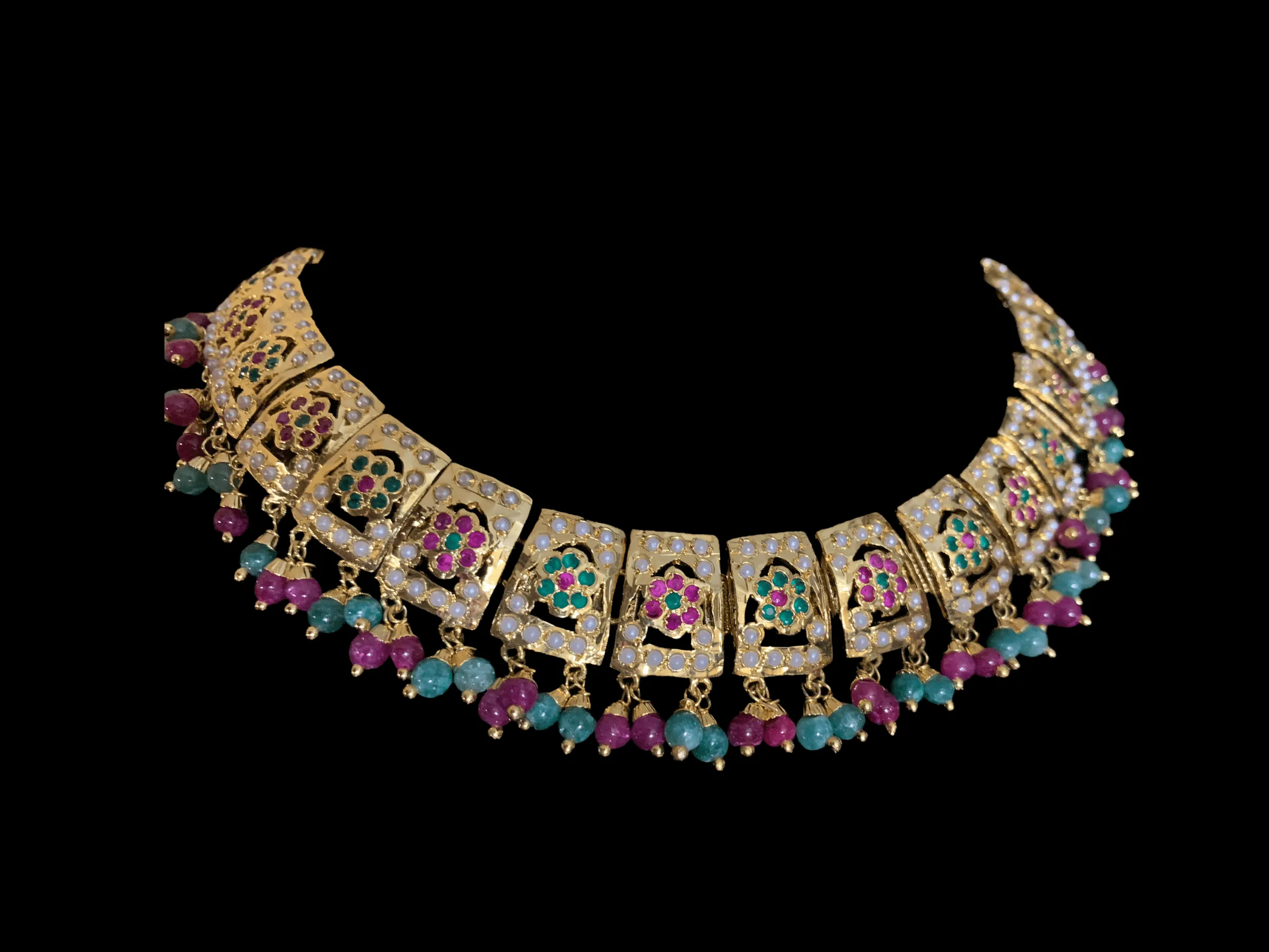 Reshma punjabi Jadau necklace with earrings in ruby emerald (READY TO SHIP)