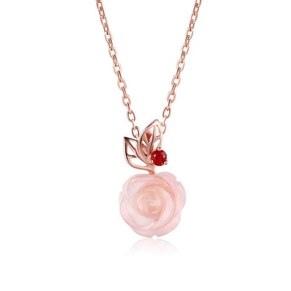 Rose Flower Natural Gemstone Rose Quartz Necklace & Pendant 925 Sterling Silver Gold Plated Fine Jewelry