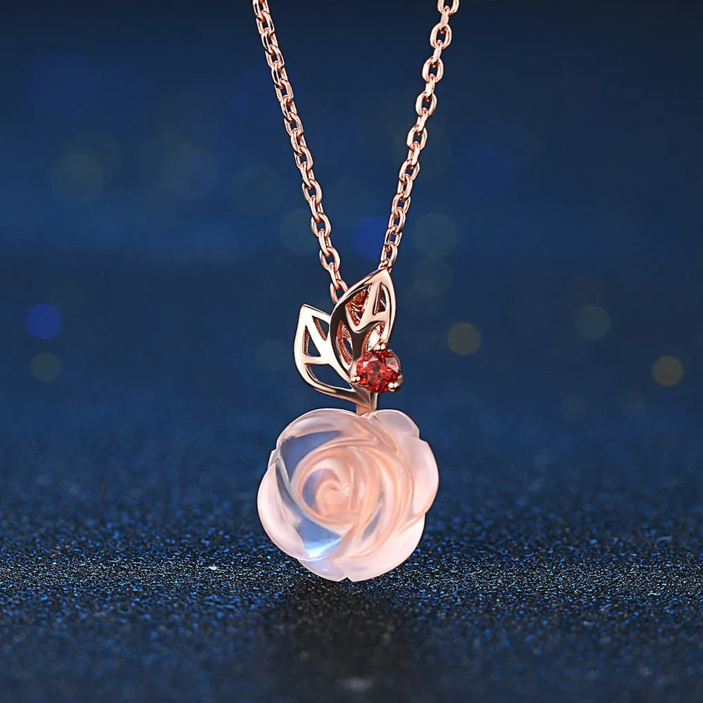 Rose Flower Natural Gemstone Rose Quartz Necklace & Pendant 925 Sterling Silver Gold Plated Fine Jewelry