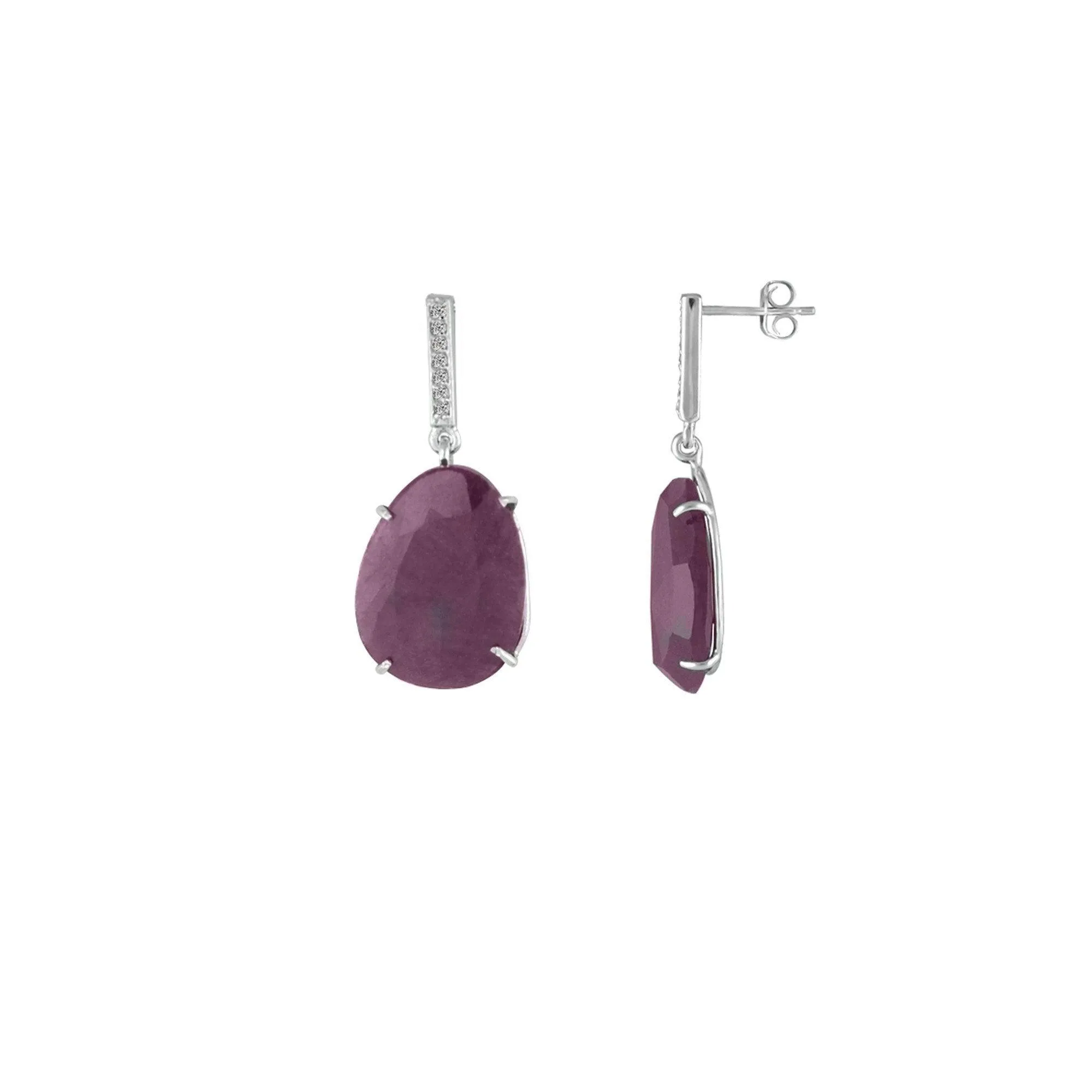 Rough Cut Organic Ruby and Diamond Earrings in Silver