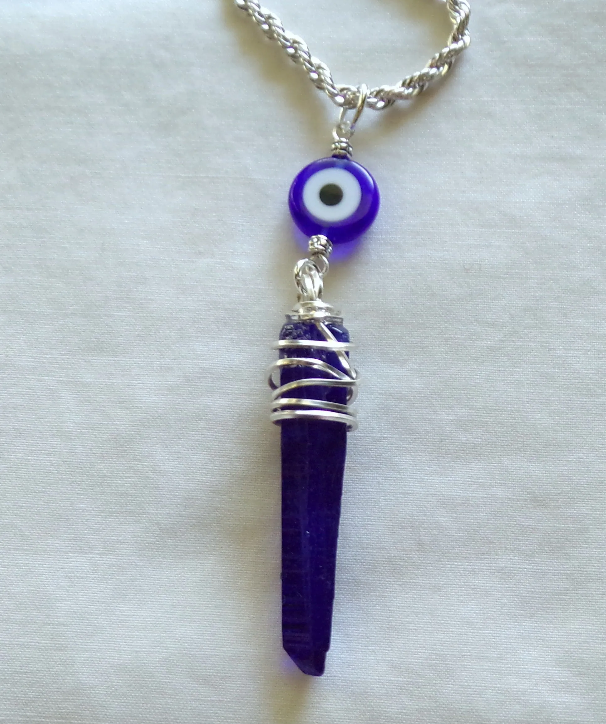 Royal Blue Mystic Quartz Crystal Evil Eye Pendant Necklace