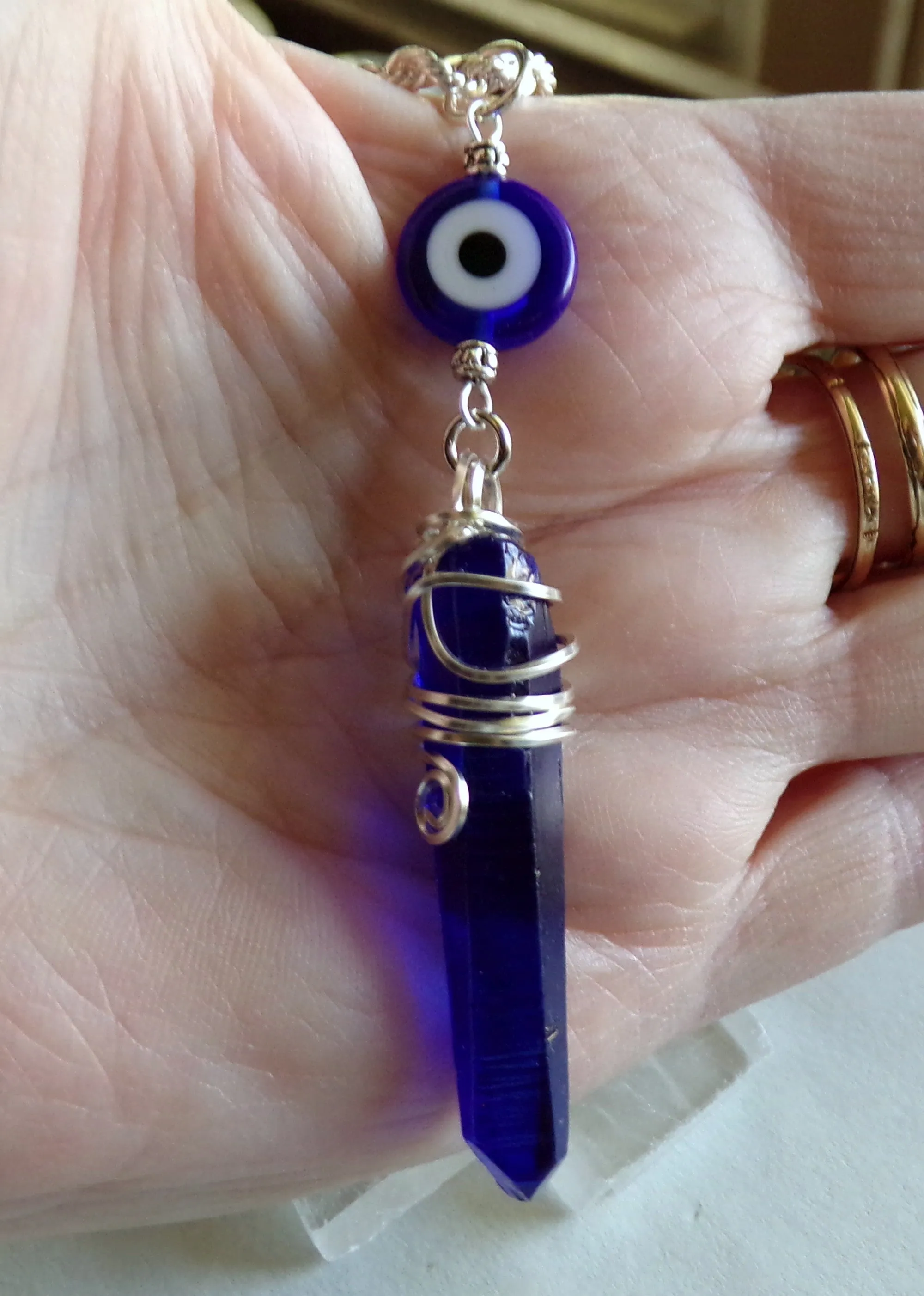 Royal Blue Mystic Quartz Crystal Evil Eye Pendant Necklace