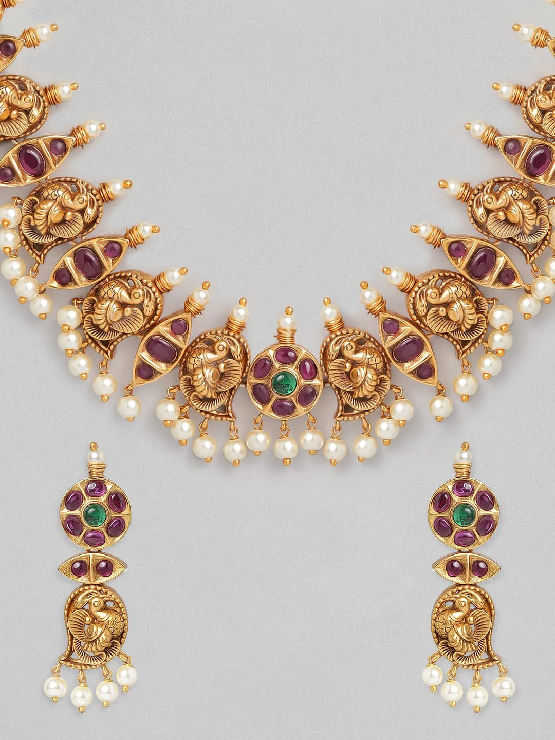 Rubans 24K Gold Plated Handcrafted Ruby Stone Studded Necklace Set