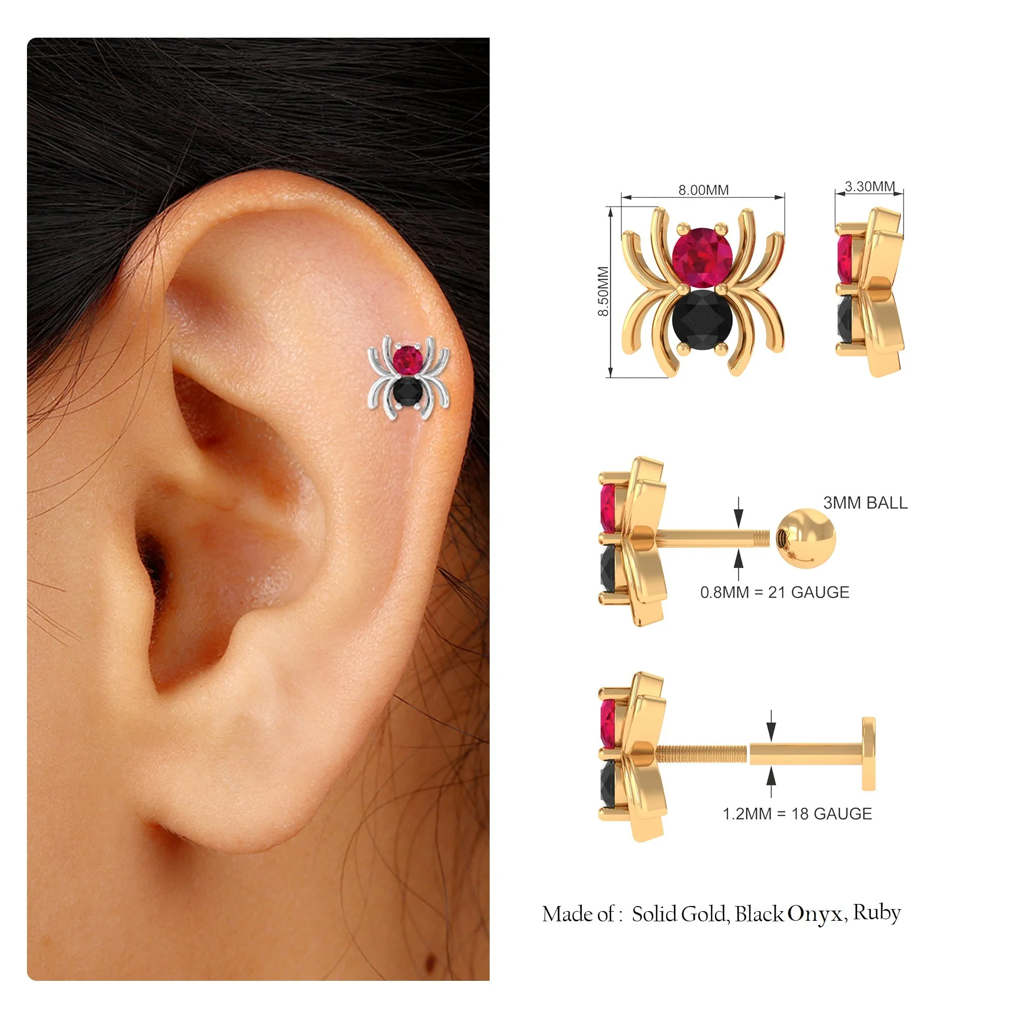 Ruby and Black Onyx Spider Helix Earring