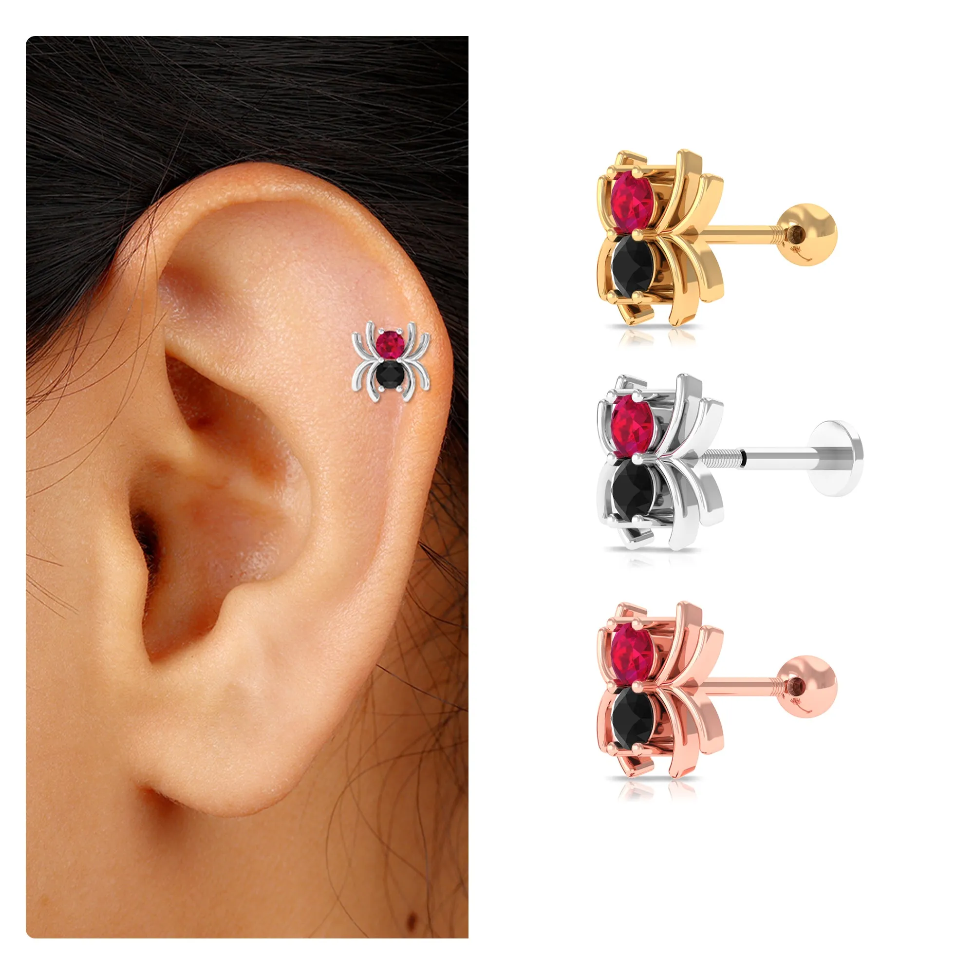 Ruby and Black Onyx Spider Helix Earring