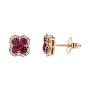 Ruby and Diamond Halo Clover Stud Earrings