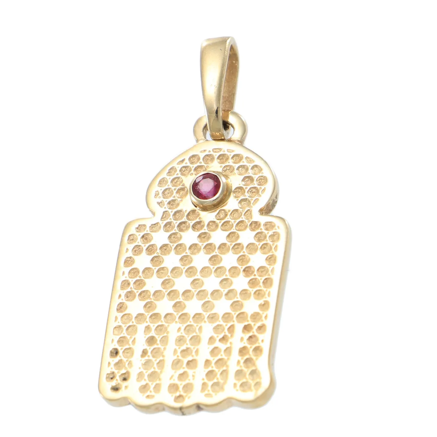 Ruby Hamsa Hand Of God Judaica Necklace Pendant 14k Yellow Gold 0.05ctw 4.6g