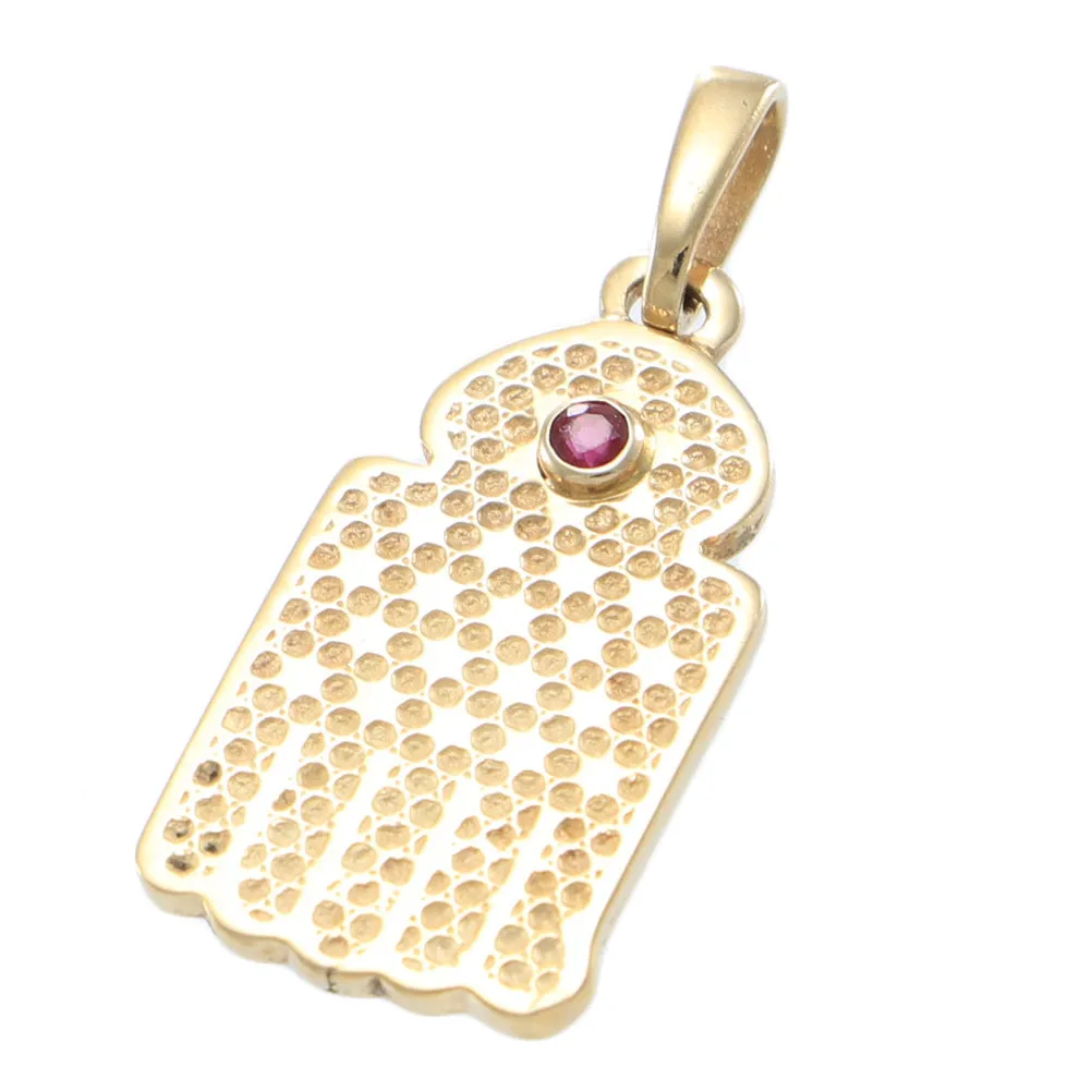 Ruby Hamsa Hand Of God Judaica Necklace Pendant 14k Yellow Gold 0.05ctw 4.6g