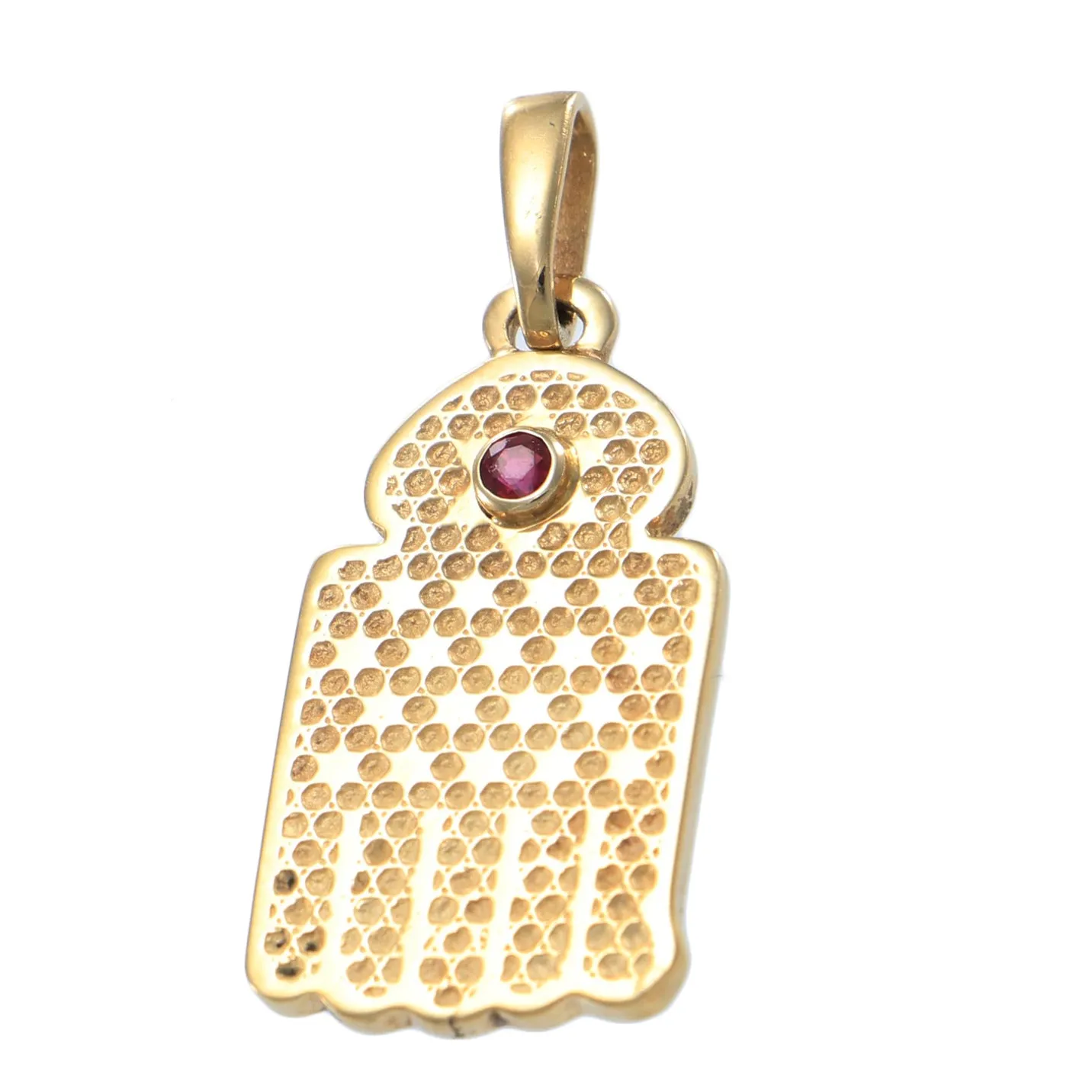 Ruby Hamsa Hand Of God Judaica Necklace Pendant 14k Yellow Gold 0.05ctw 4.6g